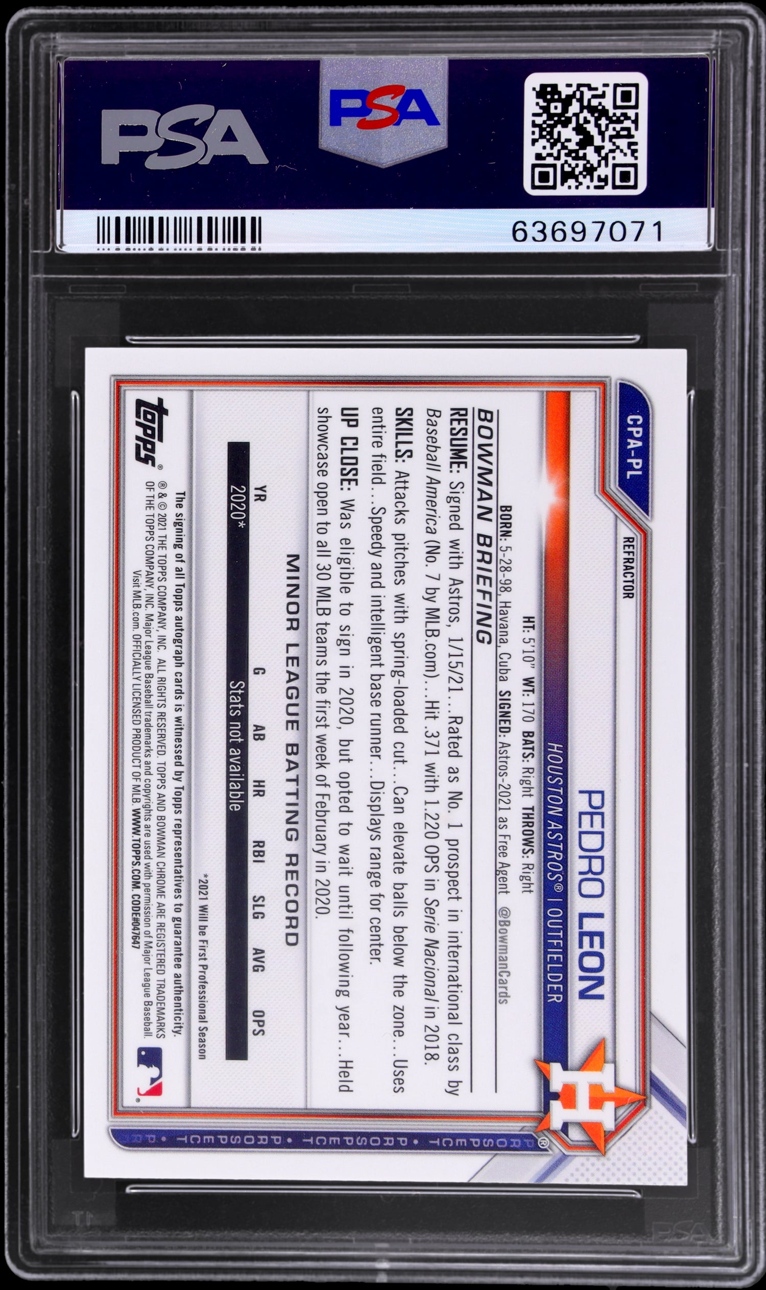 2021 Bowman Chrome Prospect Auto Refractor Pedro Leon #CPAPL /499 PSA 9