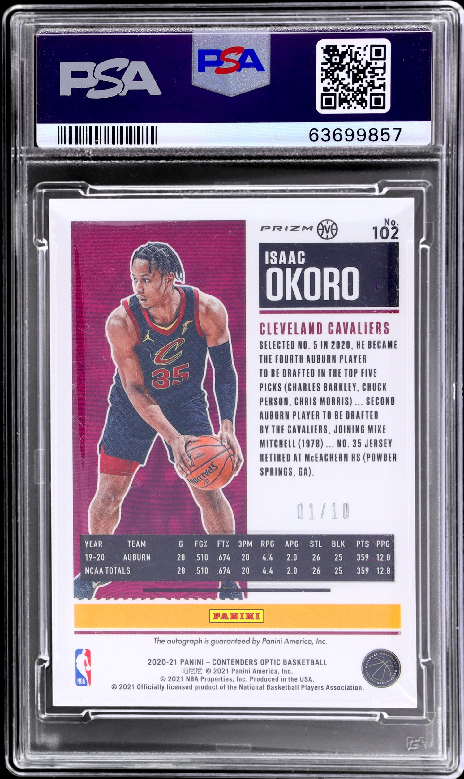 2020 Panini Contenders Optic Gold Isaac Okoro #102 RC Auto /10 PSA 9 Auto 10