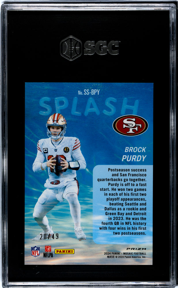 2024 Panini Mosaic Splash Purple Prizm Brock Purdy #SS-BPY /49 SGC 10
