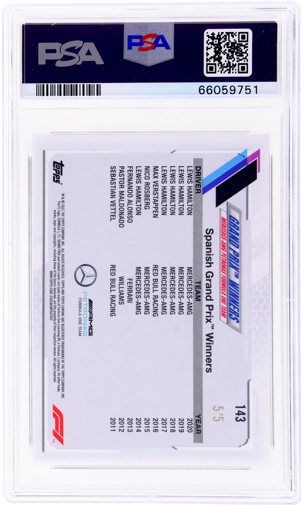 2021 Topps Chrome Formula 1 Red Checker Flag Lewis Hamilton 5/5 PSA 9