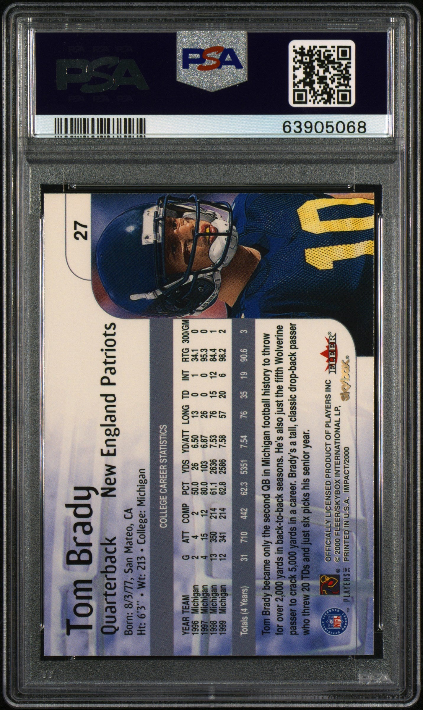 2000 SkyBox Impact Tom Brady #27 RC PSA 7