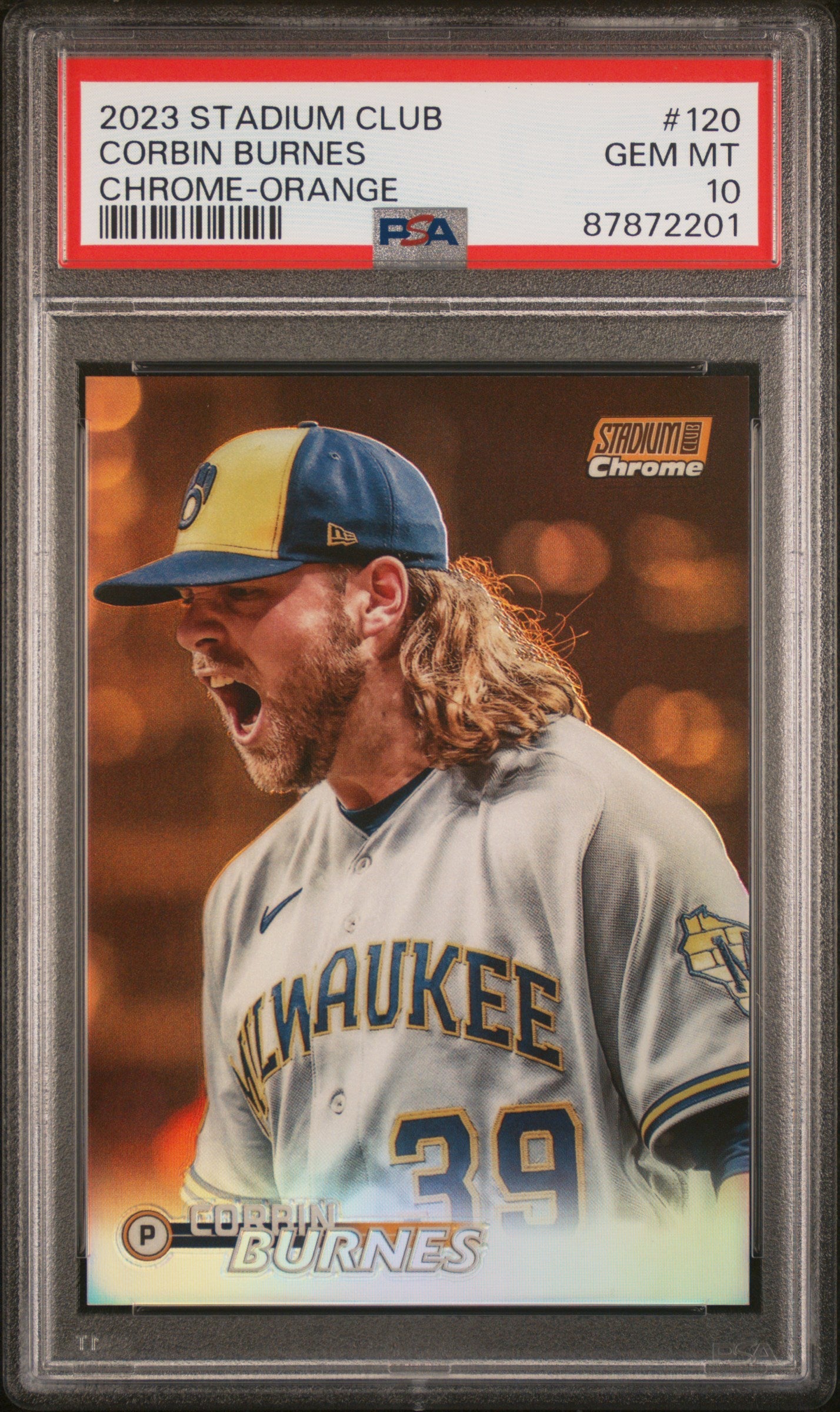 2023 Topps Stadium Club #120 Corbin Burnes Chrome-Orange PSA 10