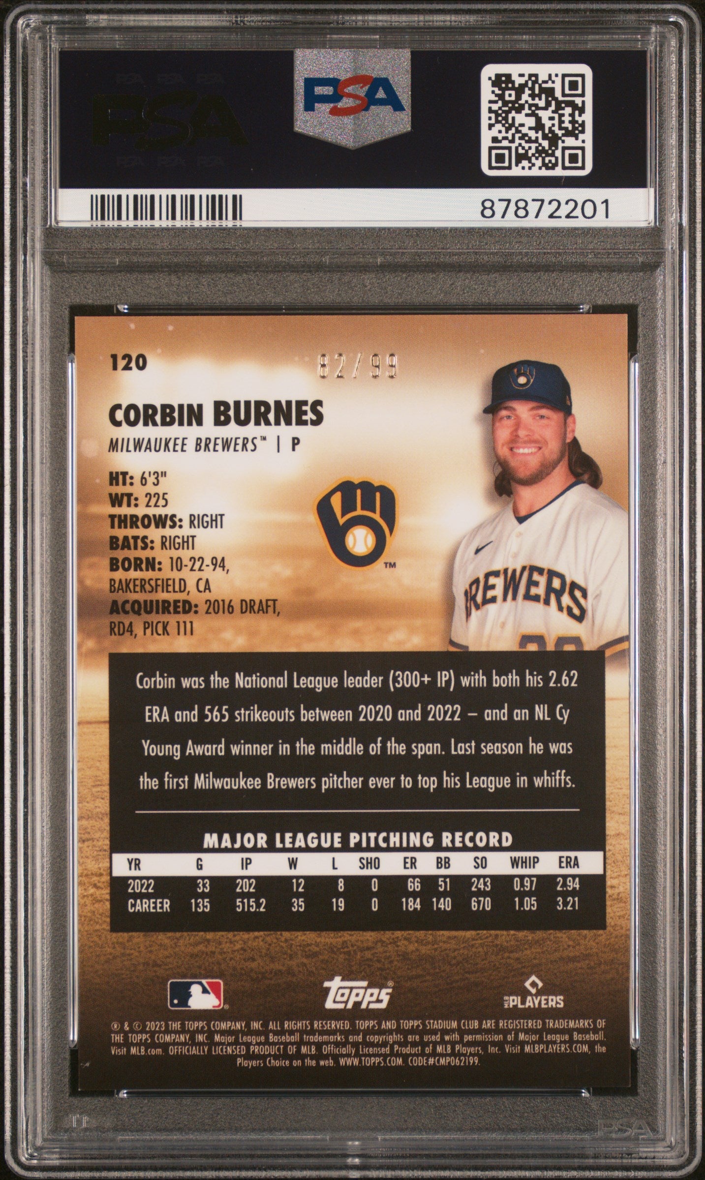 2023 Topps Stadium Club Orange Chrome Corbin Burnes #120 /99 PSA 10
