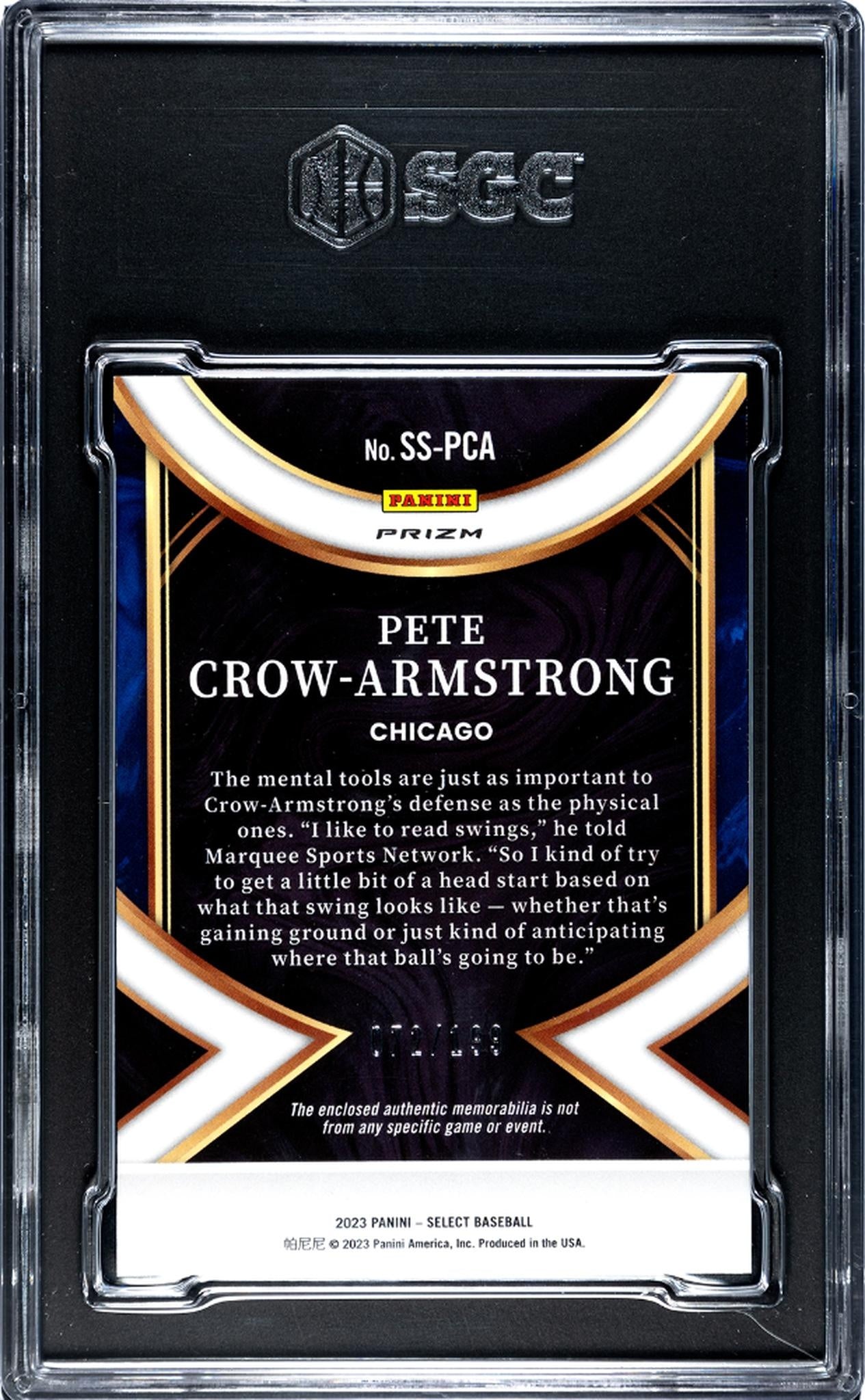 2023 Panini Select #SS-PCA Pete Crow-Armstrong Select Swatches Silver Prizm 72/199 SGC 9.5