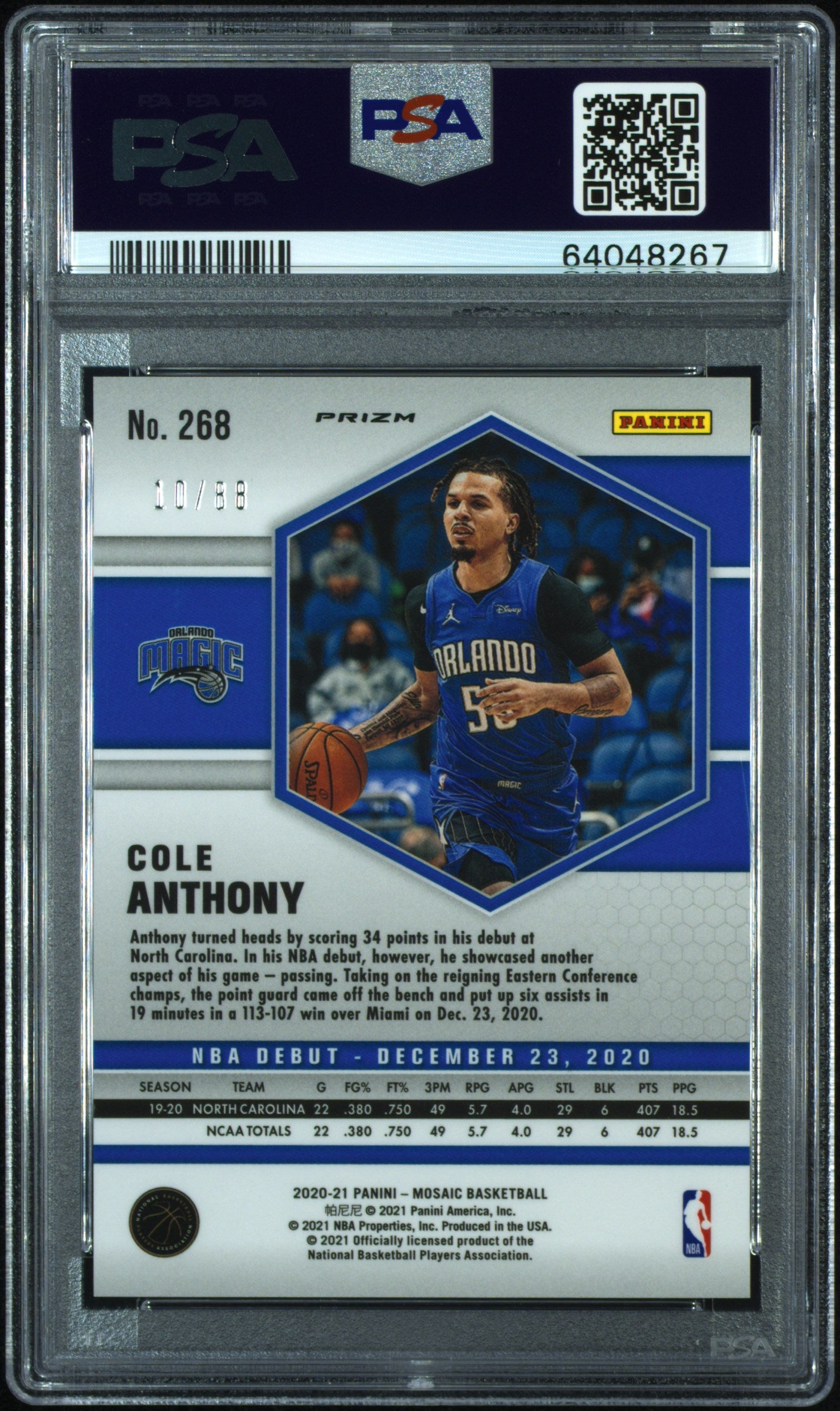 2020 Panini Mosaic Fusion Red/Yellow Choice Cole Anthony #268 RC /88 PSA 10