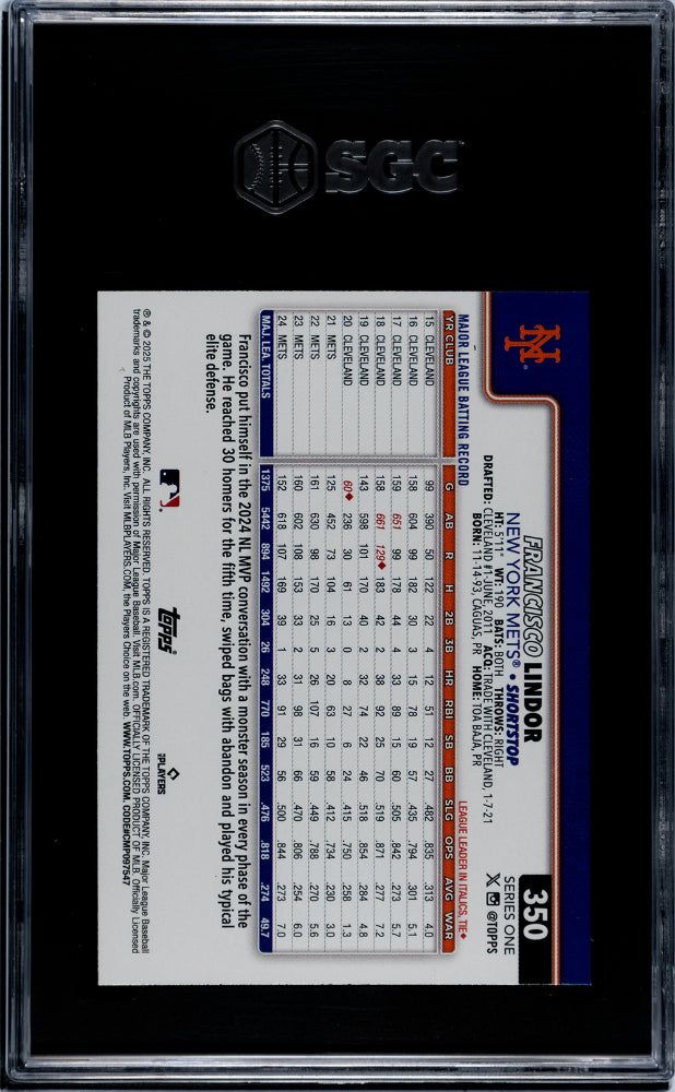 2025 Topps #350 Francisco Lindor Rainbow Foilboard SGC 10