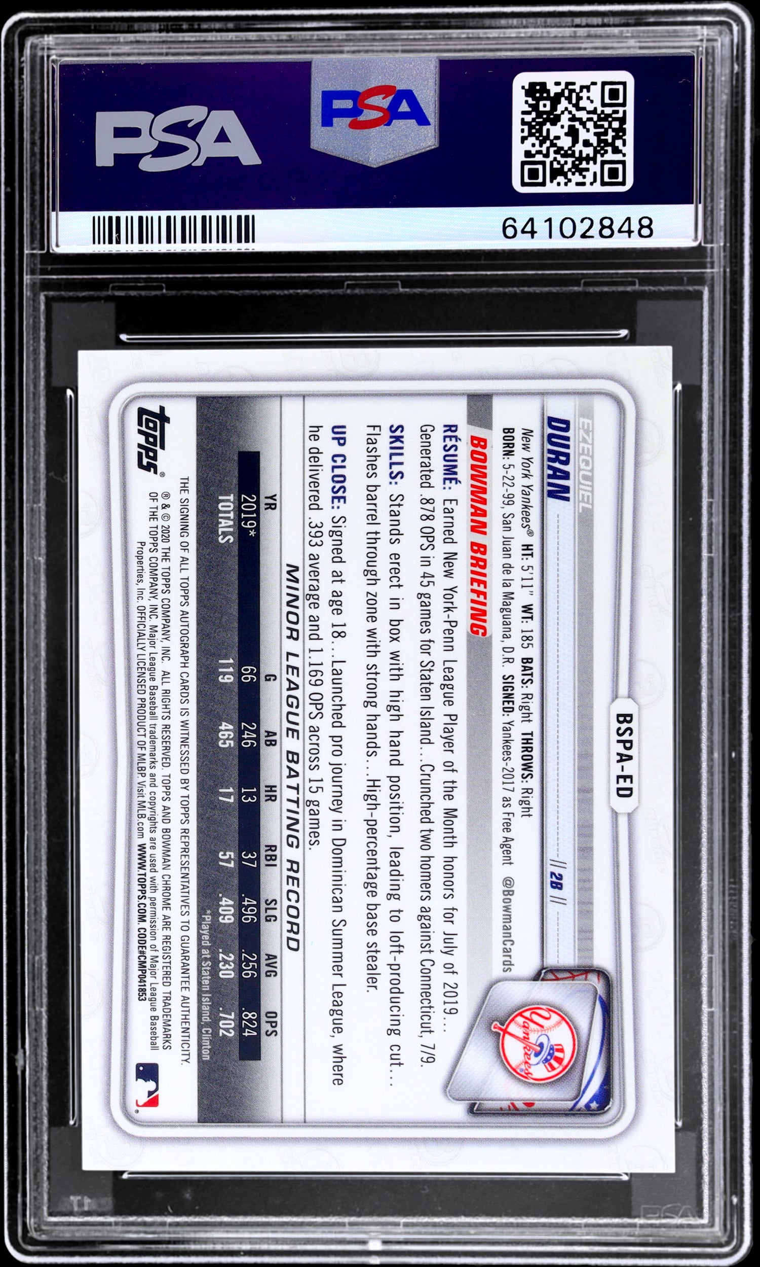 2020 Bowman Chrome Sapphire Ezequiel Duran Green #BSPAED /50 PSA 10 Auto