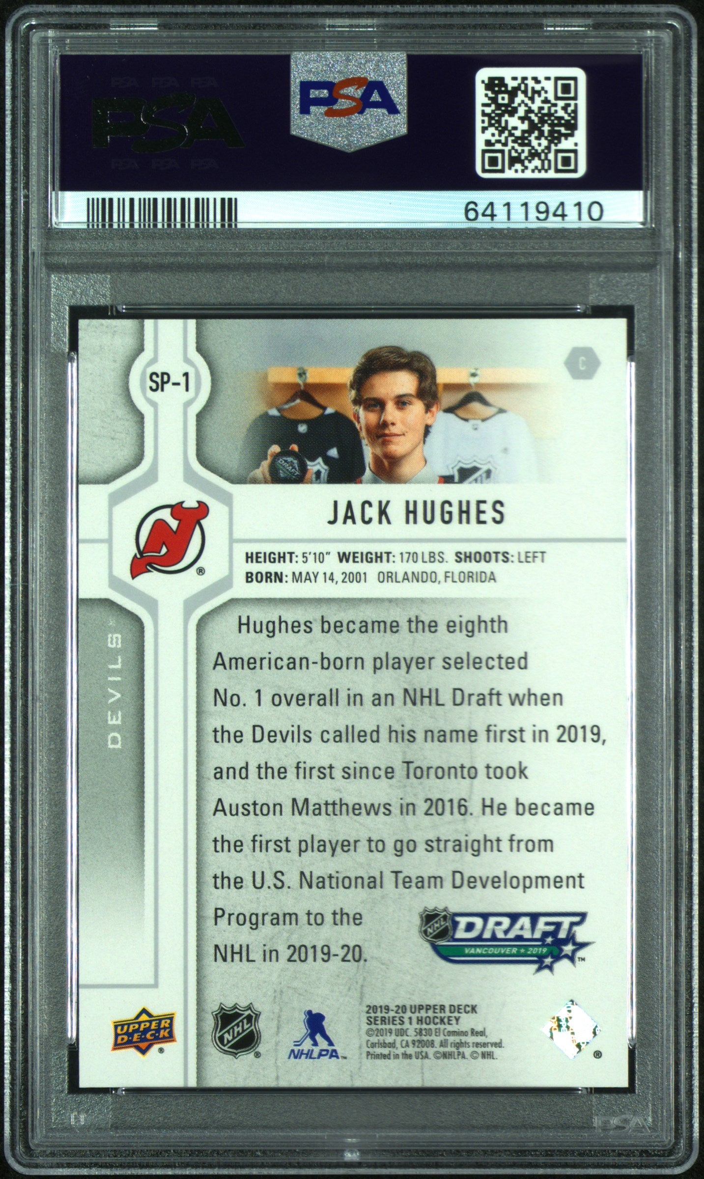 2019 Upper Deck NHL Draft SP Jack Hughes #SP-1 PSA 10