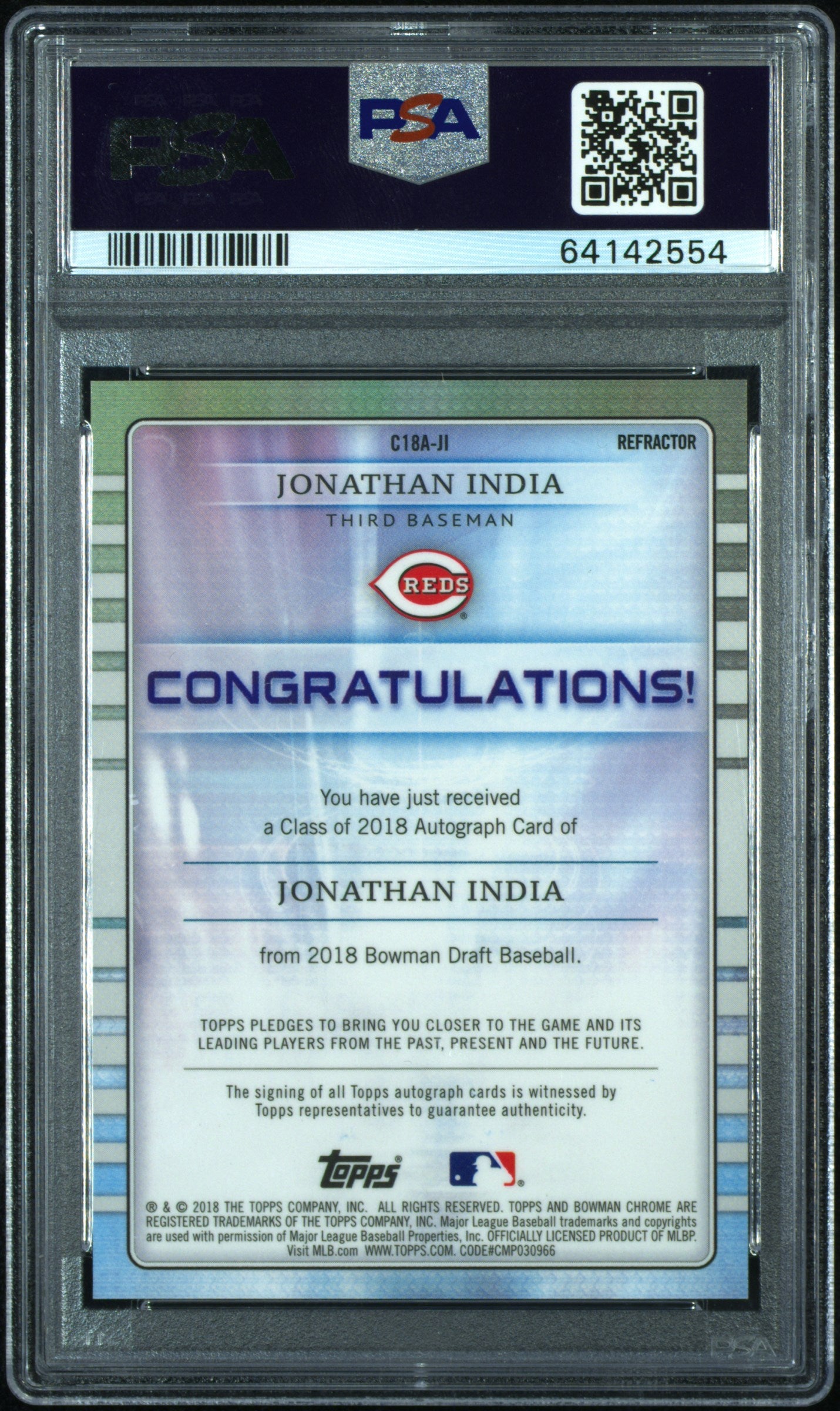 2018 Bowman Draft Class of 2018 Refractor Jonathan India #JI Auto /250 PSA 9