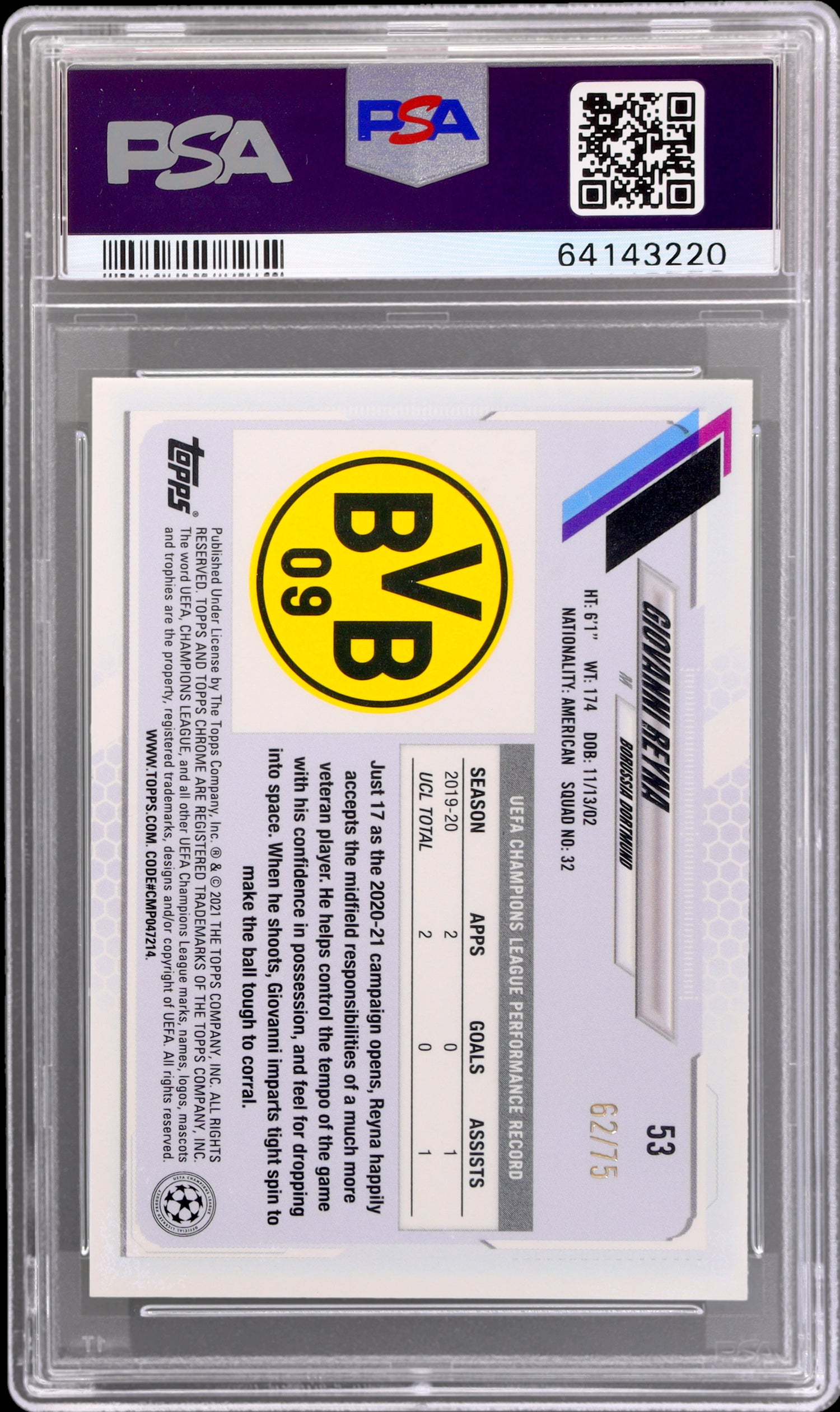2020 Topps Chrome UCL Giovanni Reyna #53 /75 PSA 9 Sapphire Green