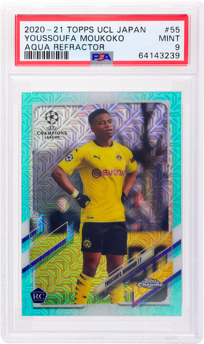 2020-21 Topps UEFA Champions League Youssoufa Moukoko #55 Aqua Refractor /199 PSA 9