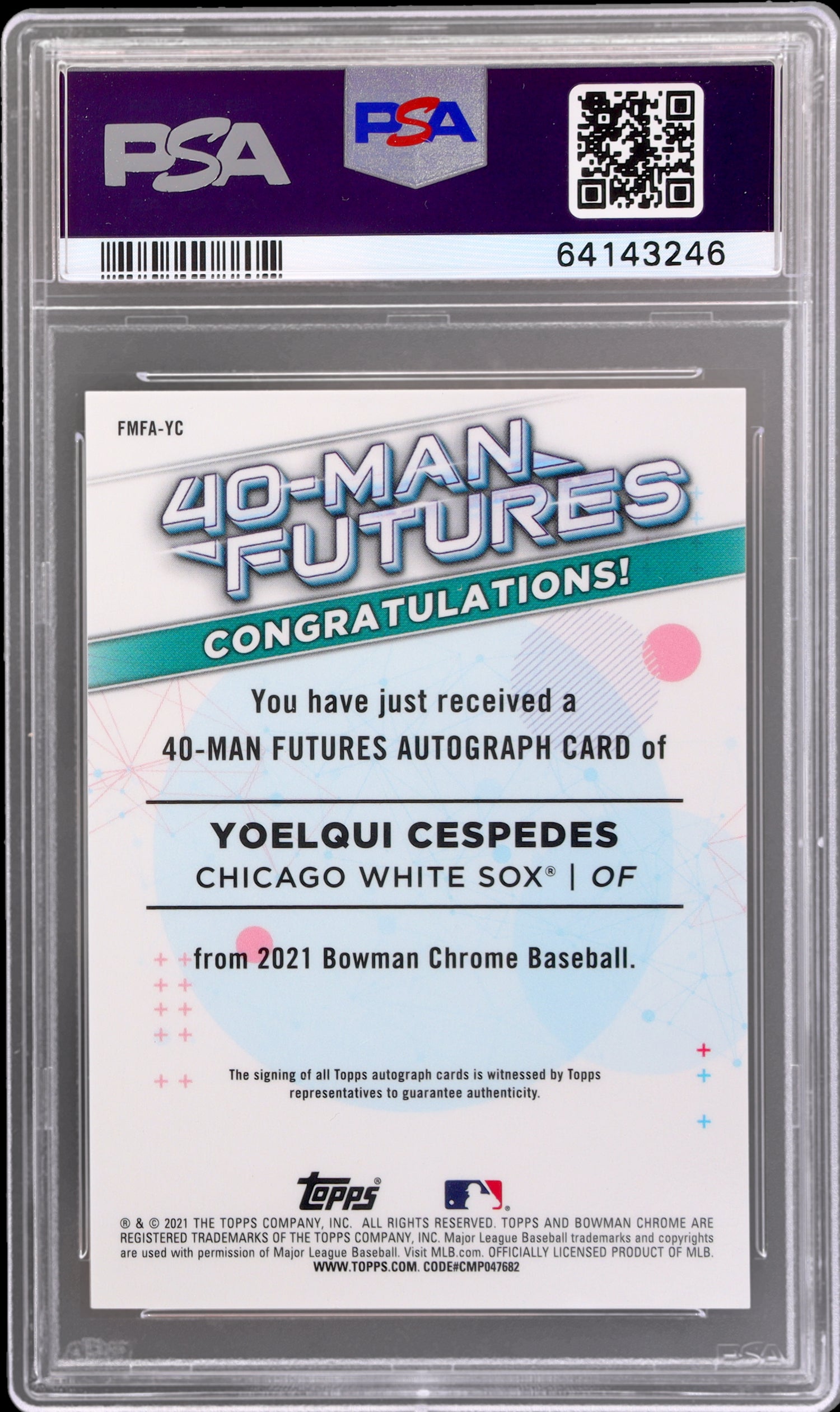 2021 Bowman Chrome Orange Yoelqui Cespedes #FMFAYC Auto /25 PSA 10