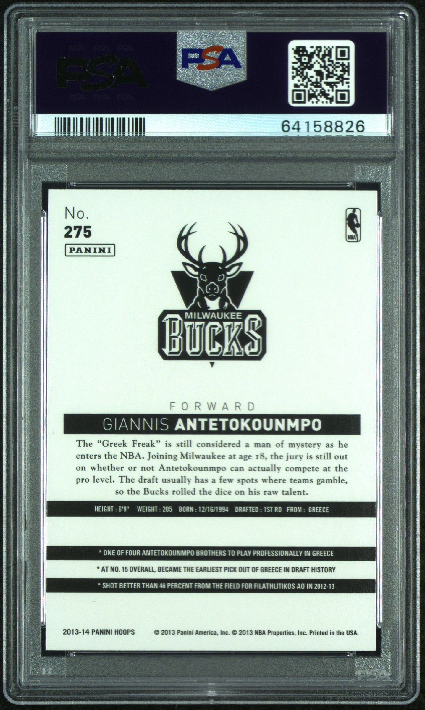 2013-14 Panini Hoops Giannis Antetokounmpo #275 RC PSA 10
