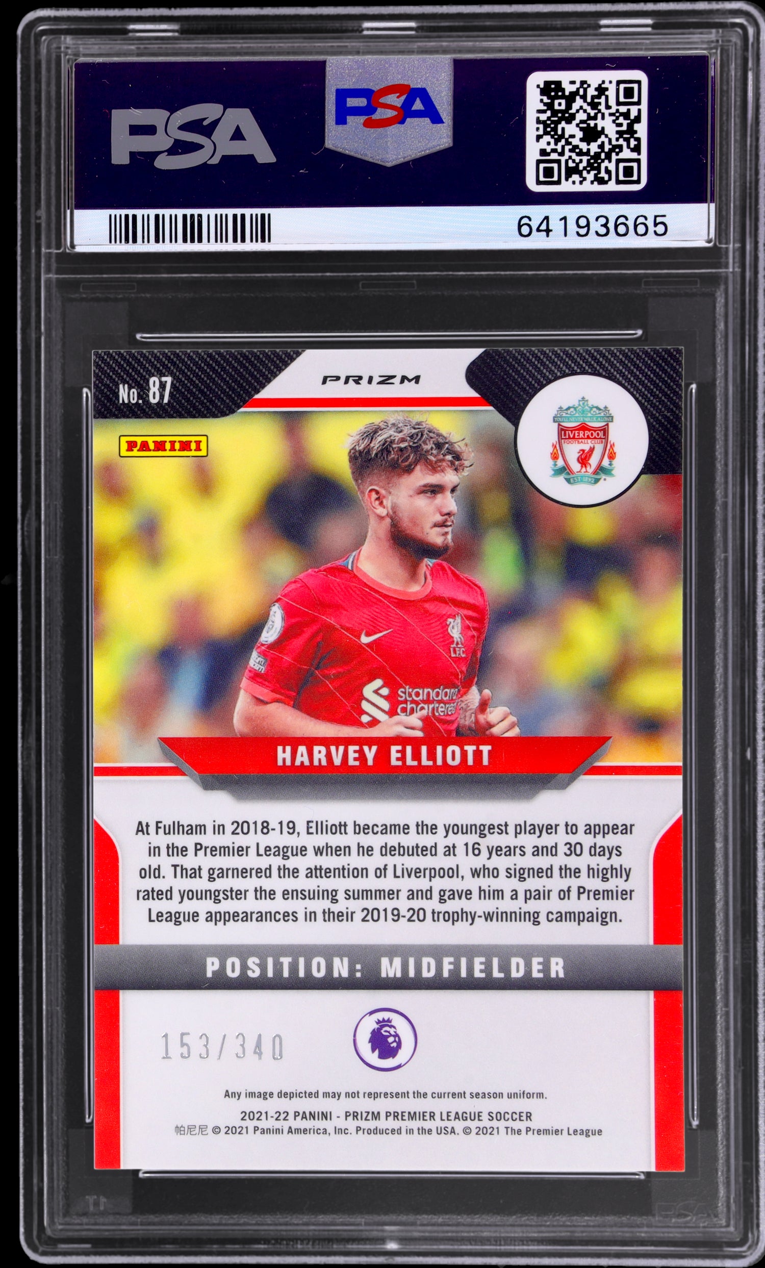 2021 Panini Prizm EPL Blue Prizm Harvey Elliott #87 /340 PSA 9 RC