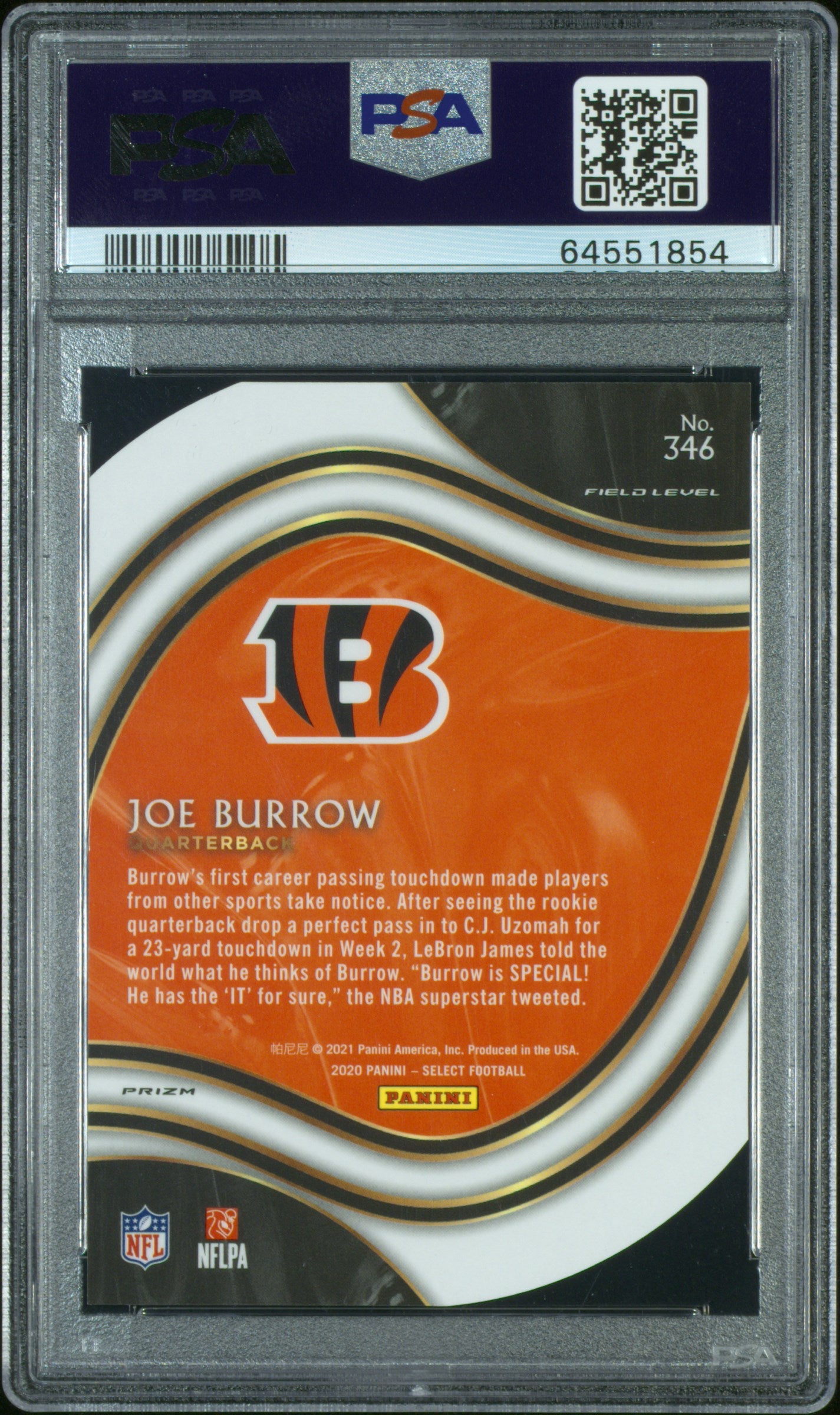 2020 Panini Select Die-Cut Blue Prizm Joe Burrow #346 RC Field Level PSA 10