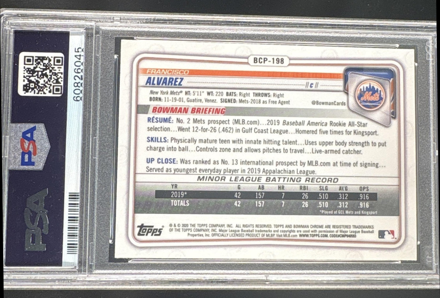 2020 Bowman Chrome Mega Box Prospects Refractor Francisco Alvarez #BCP198 PSA 10