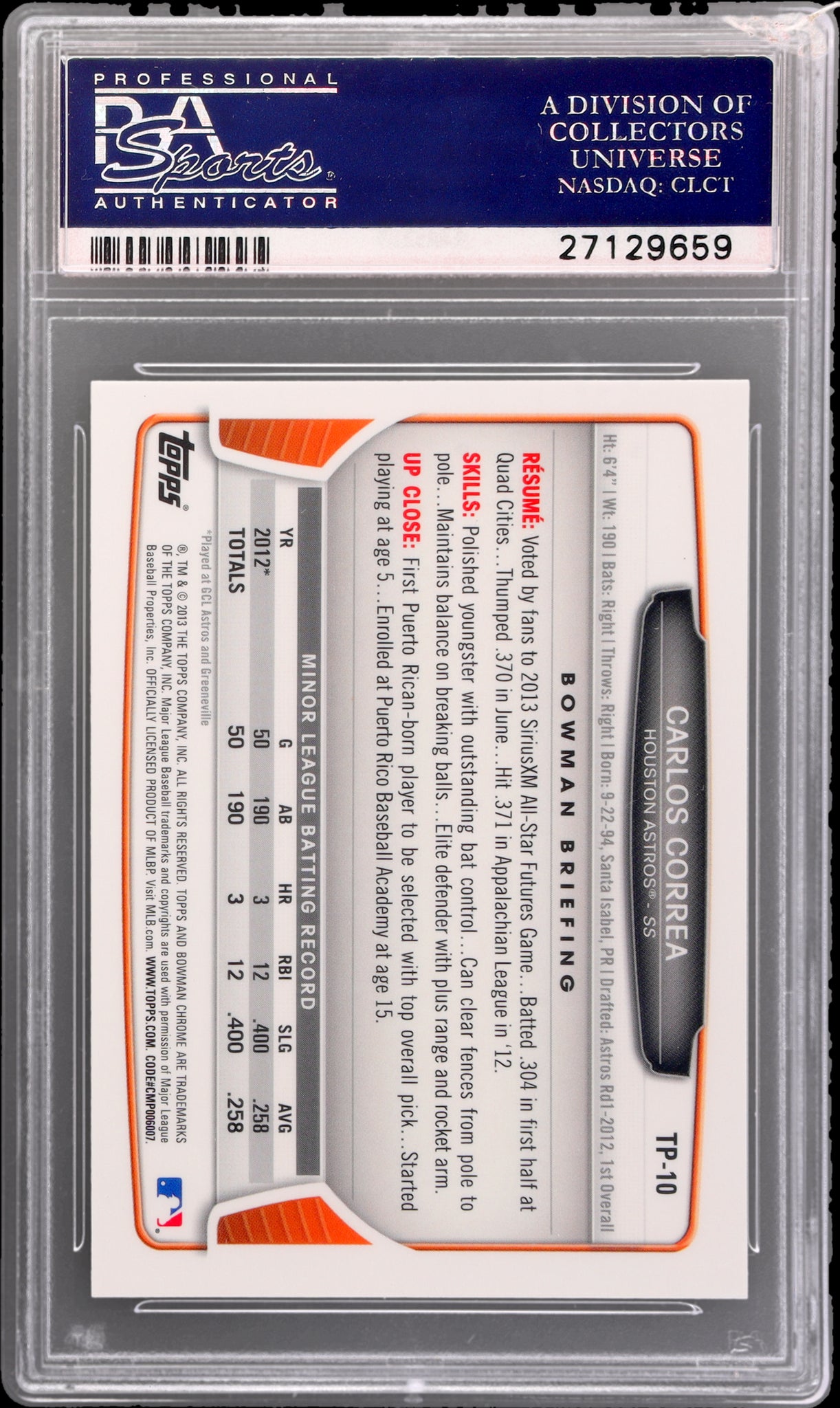 2013 Bowman Draft Chrome Top Prospect Carlos Correa #TP10 PSA 10