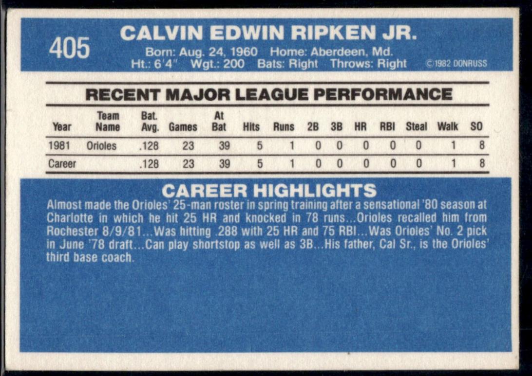 1982 Donruss Cal Ripken Jr  Rookie #405 