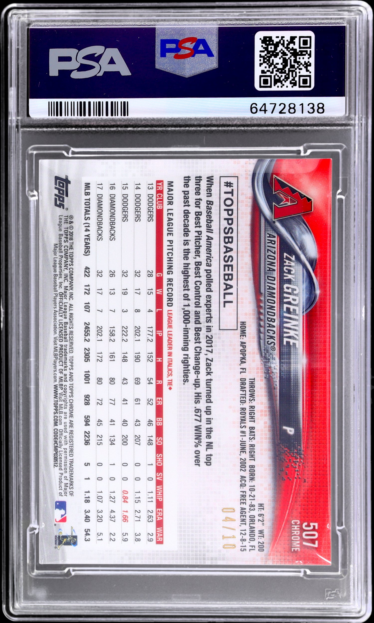 2018 Topps Chrome Sapphire Zack Greinke #507 /10 PSA 10 Red