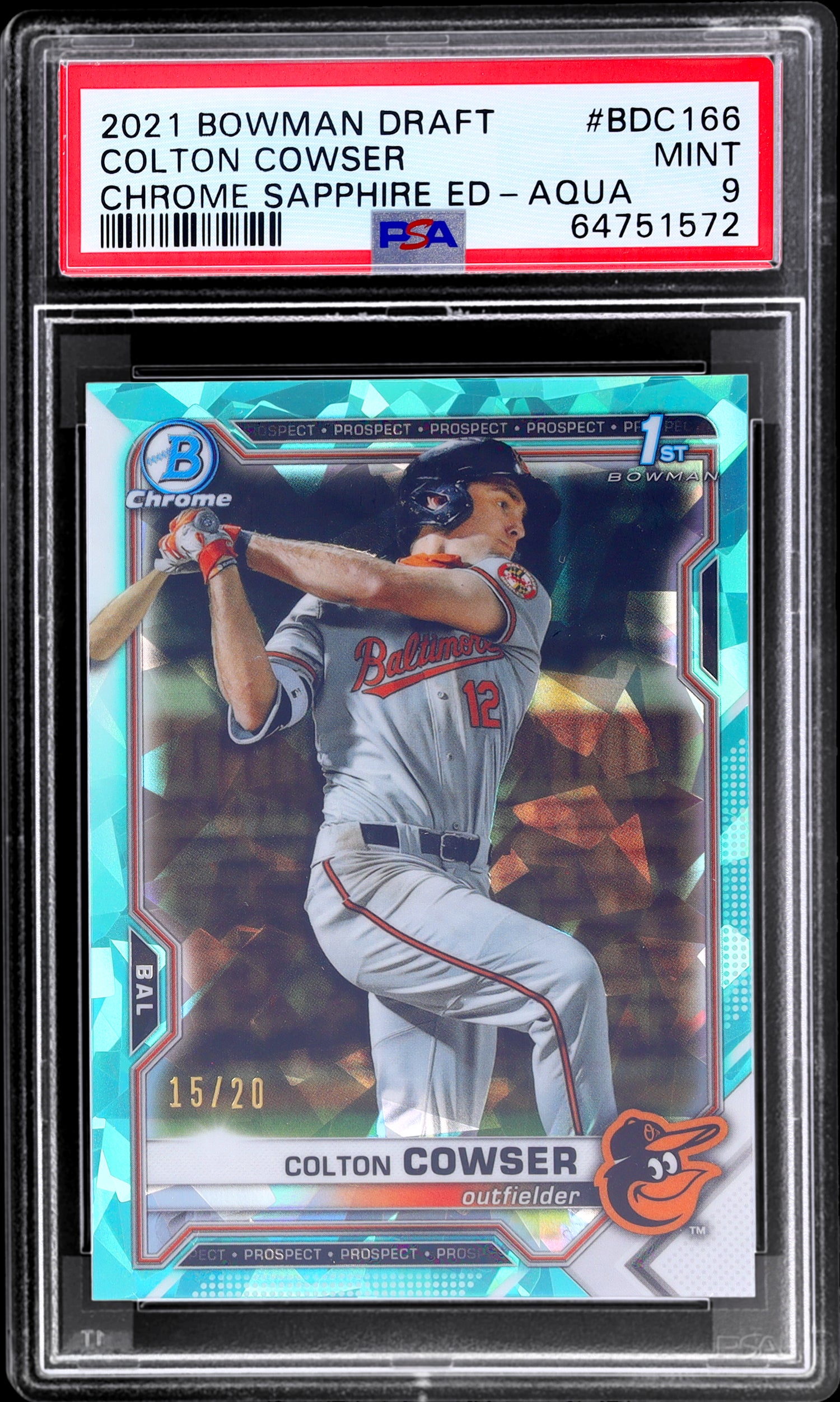 2021 Bowman Draft Chrome Sapphire Colton Cowser #BDC166 /20 PSA 9