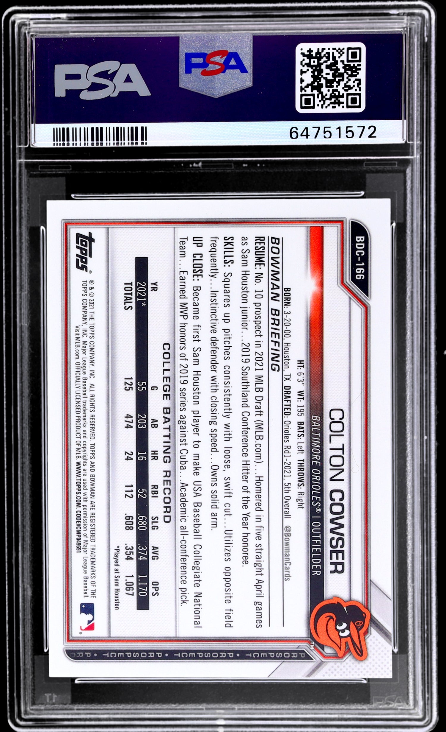 2021 Bowman Draft Chrome Sapphire Colton Cowser #BDC166 /20 PSA 9