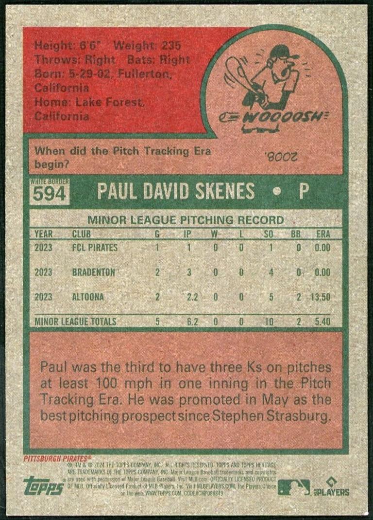 2024 Topps Heritage 594 Paul Skenes Black Border SSP /50