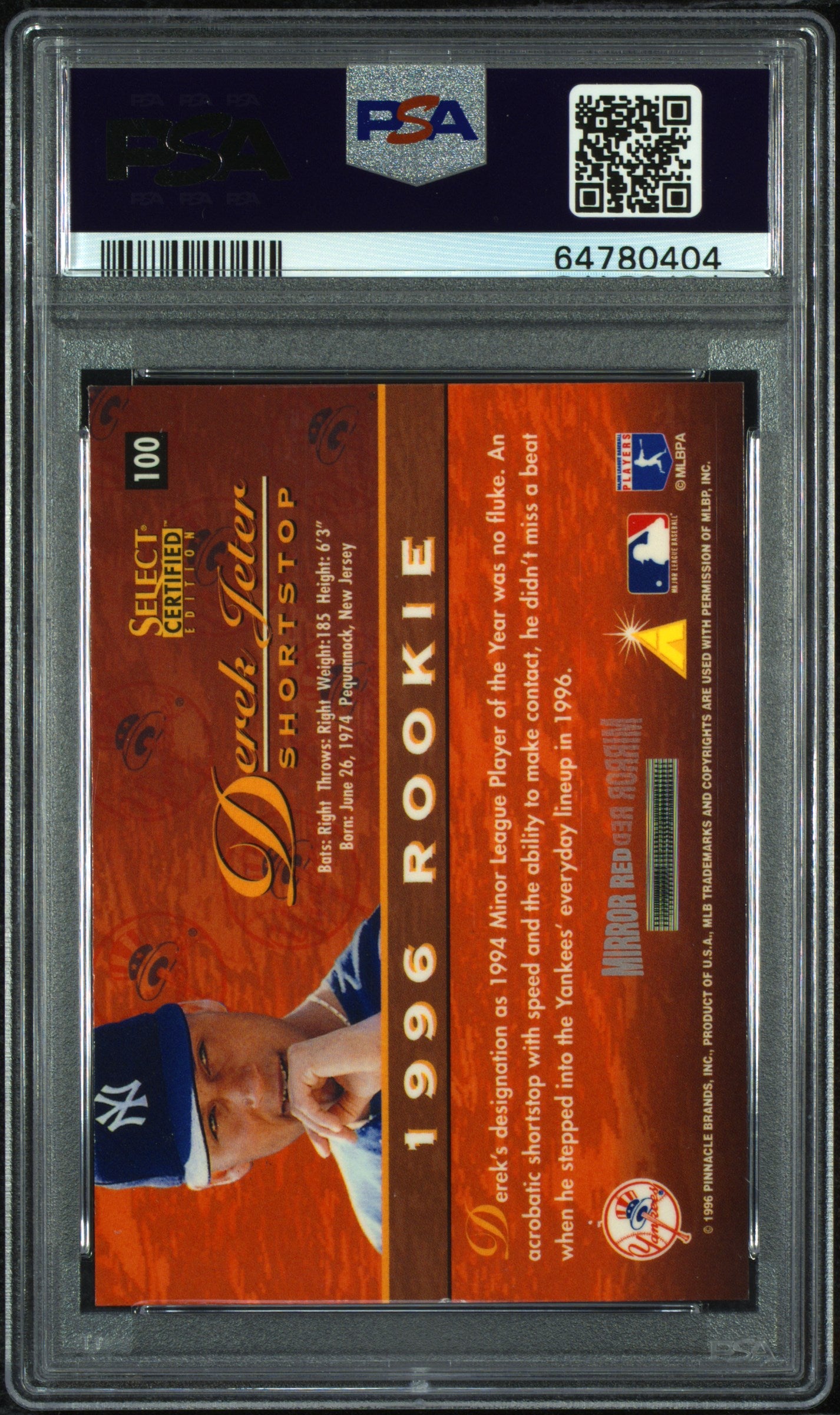 1996 Select Certified Mirror Red Derek Jeter #100 PSA 8