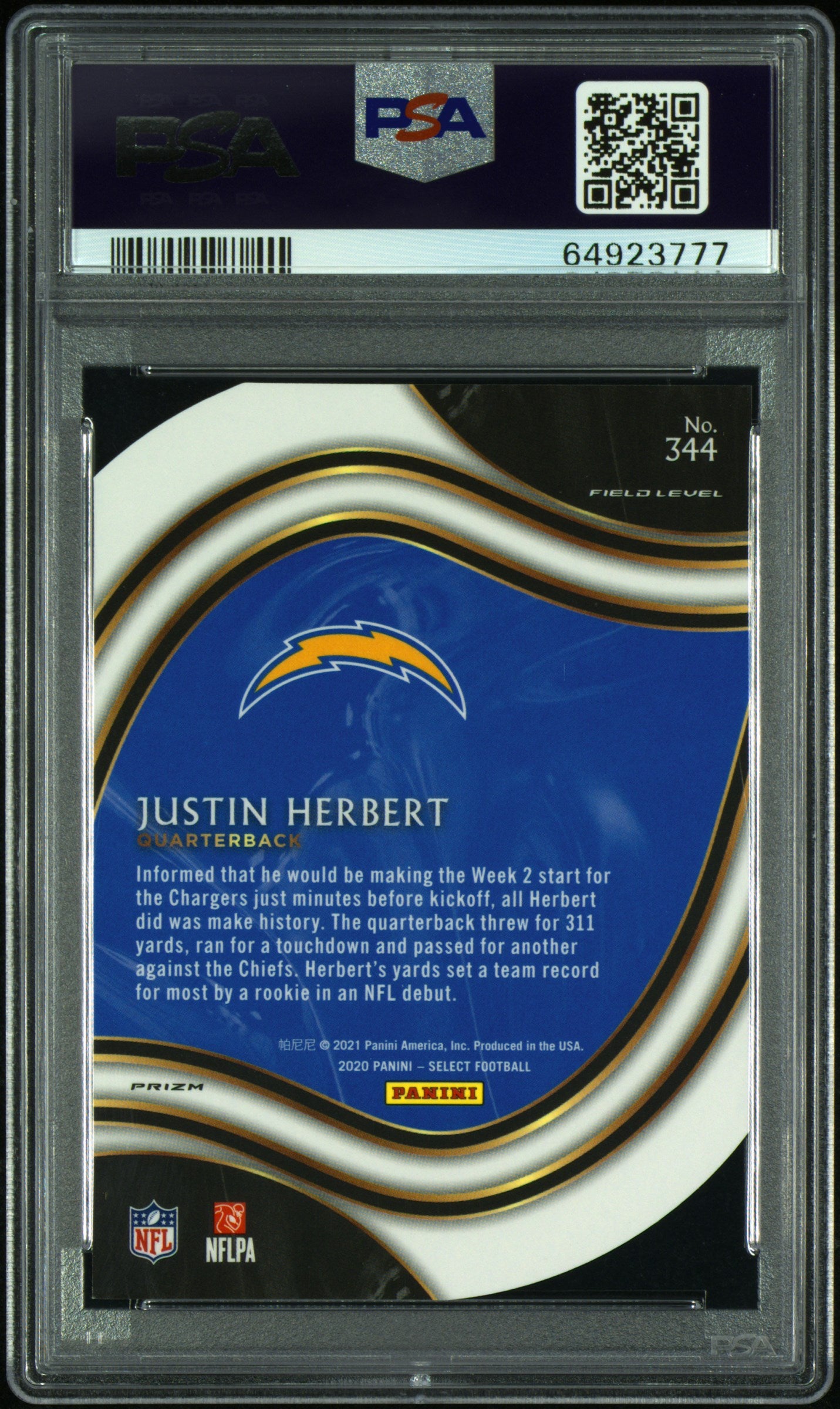 2020 Panini Select Purple Prizm Die-Cut Justin Herbert #344 RC Field Level PSA 9