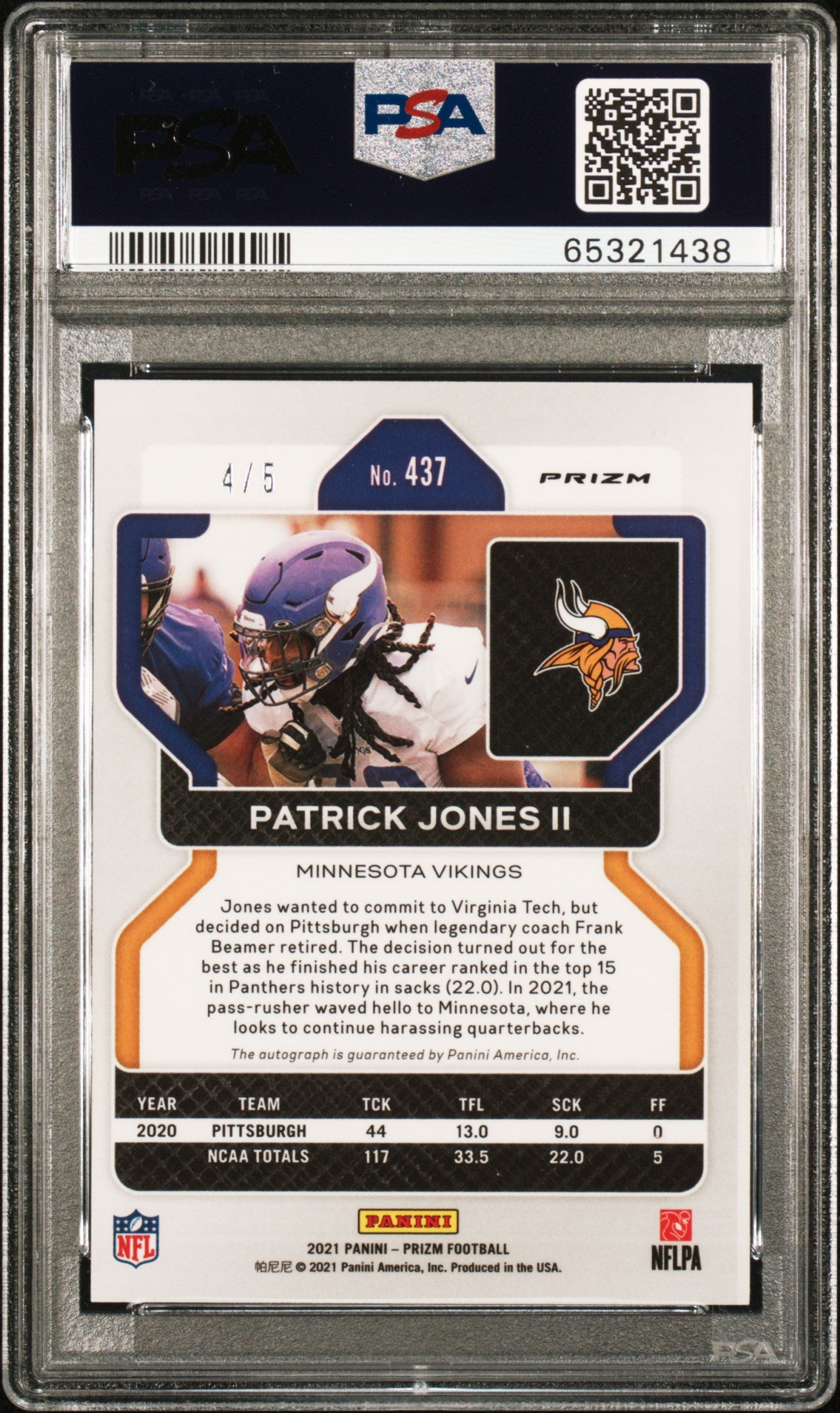 2021 Panini Prizm Gold Vinyl Patrick Jones II #437 RC Auto /5 PSA 9 Auto 10