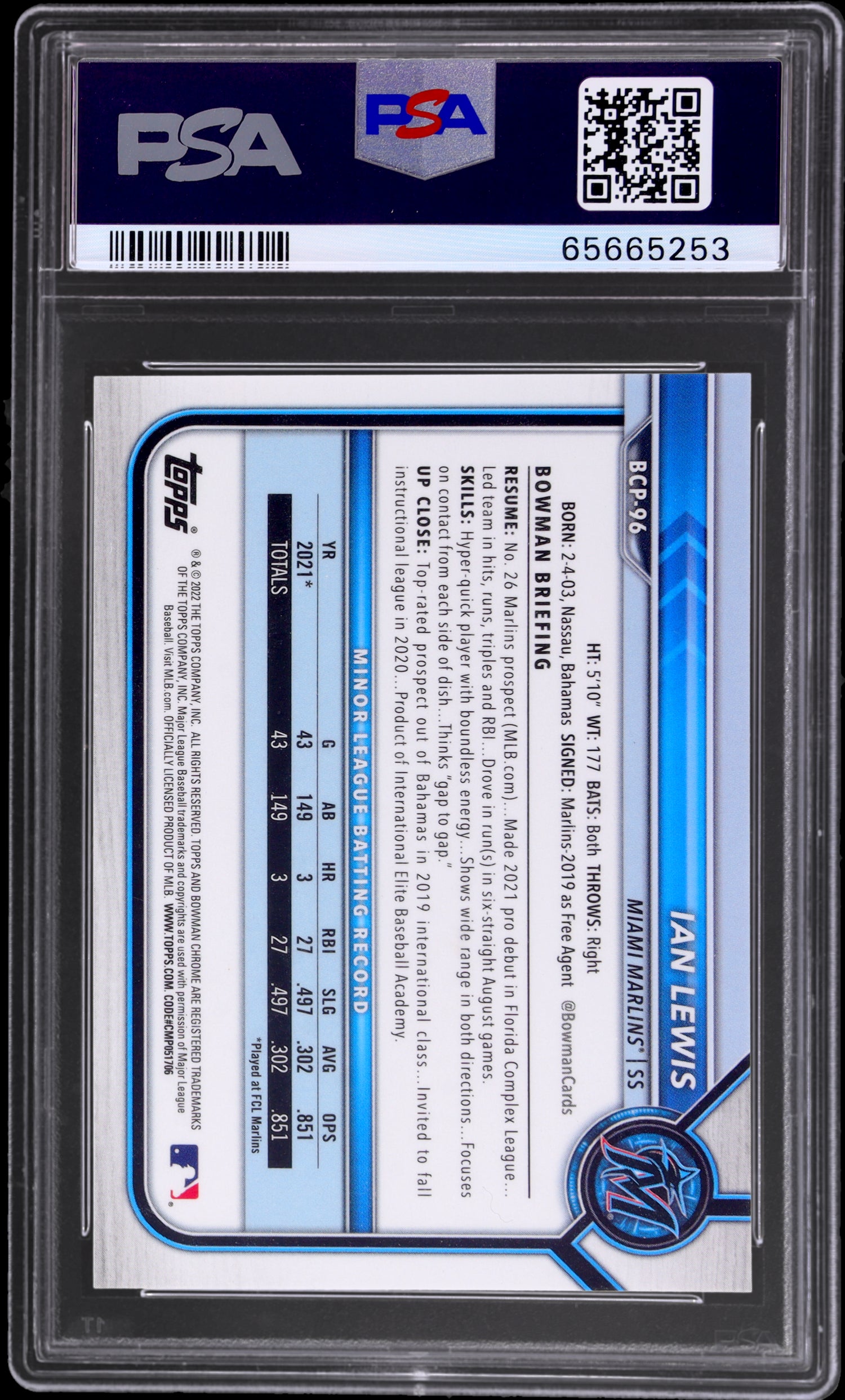2022 Bowman Chrome 1st Ian Lewis #BCP96 /75 PSA 9 Refractor