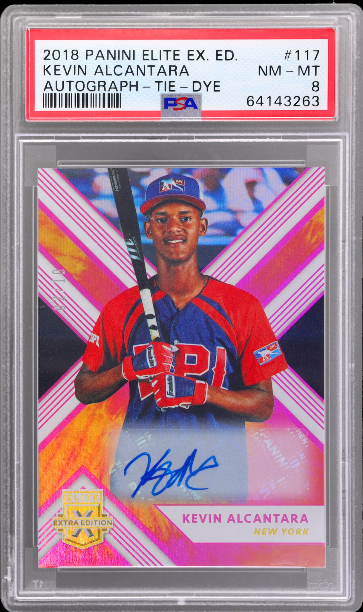 2018 Panini Elite Extra Edition Autograph Tie-Dye Kevin Alcantara #117 /10 PSA 8