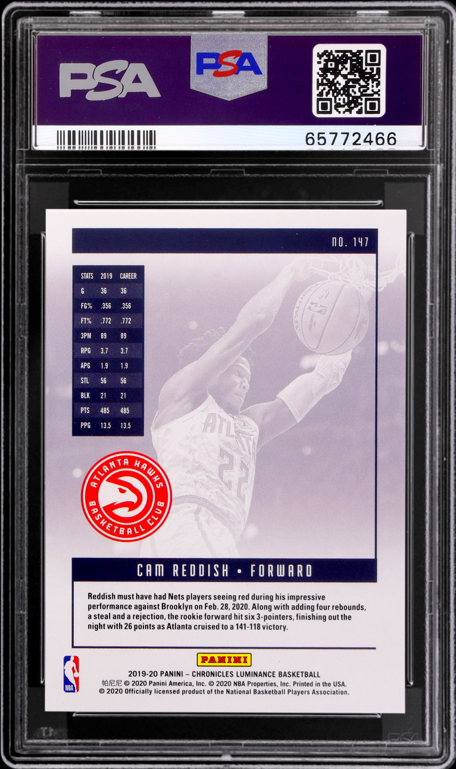 2019 Panini Chronicles Luminance Lucky Envelopes Cam Reddish #147 8/8 PSA 10 RC