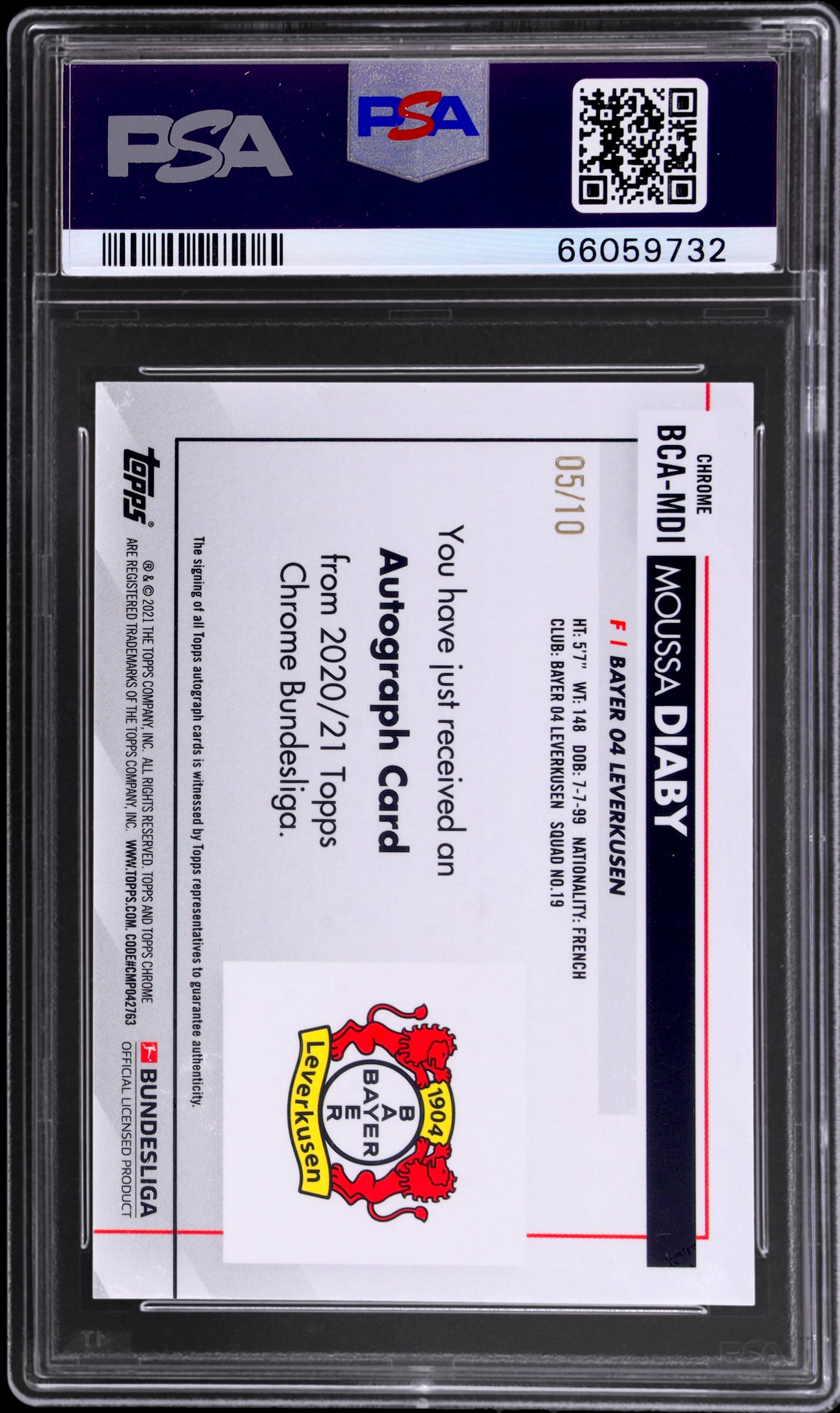 2020 Topps Chrome Bundesliga #MDI Moussa Diaby Autograph Red Refractor /10 PSA 10