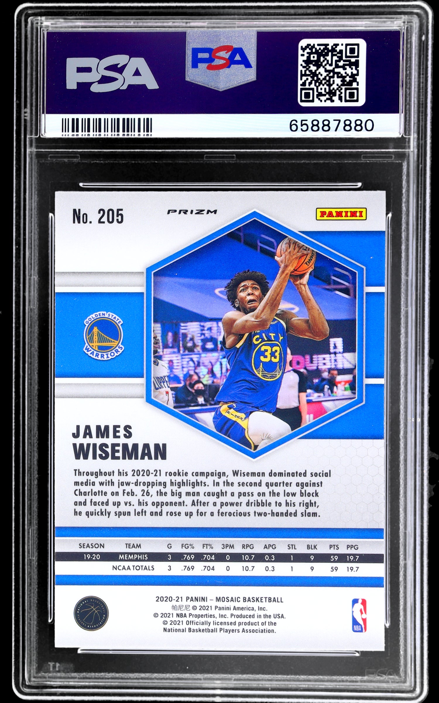 2020 Panini Mosaic Fast Break Silver James Wiseman #205 RC PSA 10