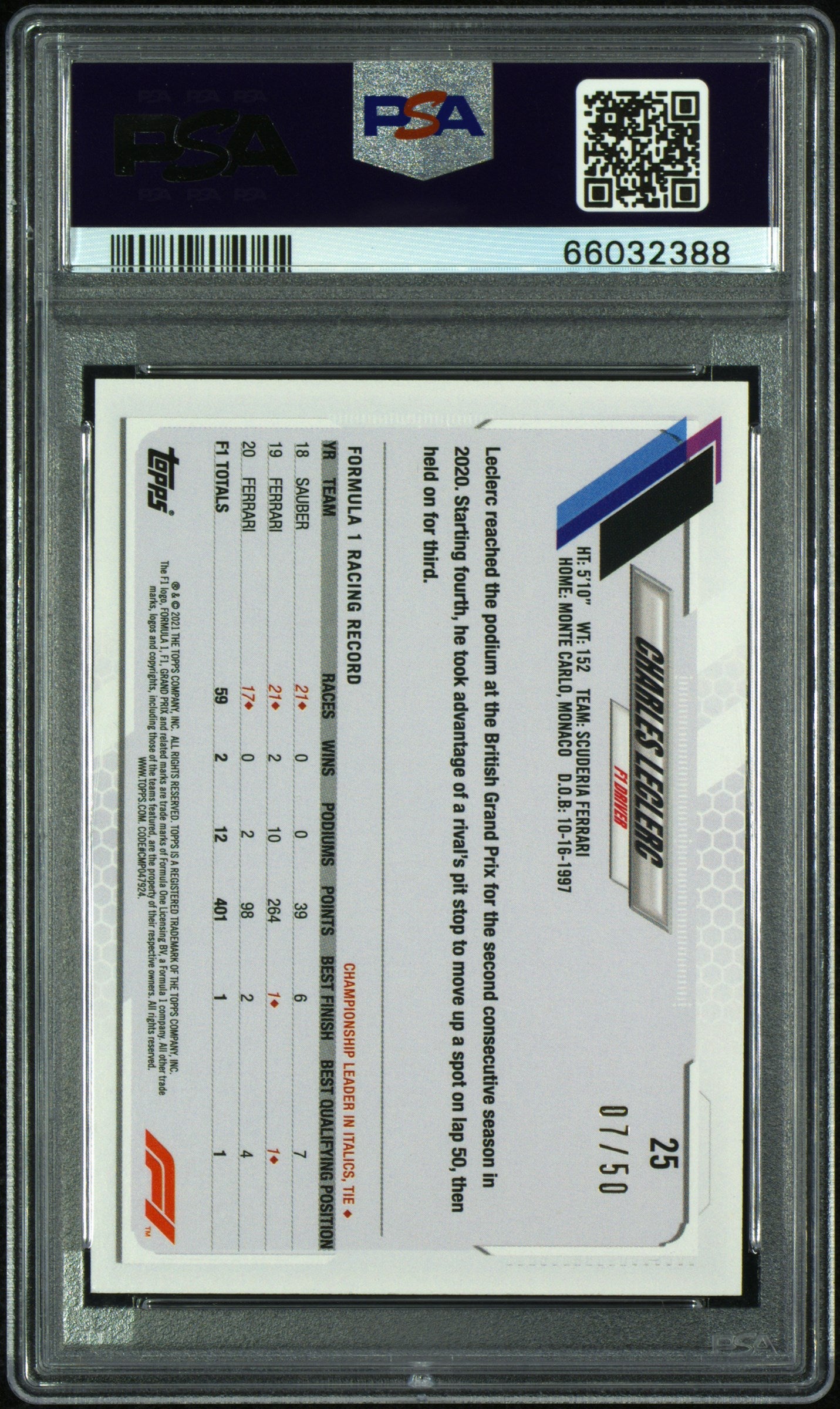 2021 Topps Formula 1 Gold Charles Leclerc #25 /50 PSA 9