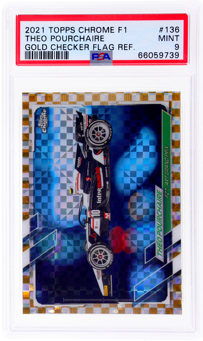 2021 Topps Chrome Formula 1 Theo Pourchaire #136 Gold Checker Flag Refractor /50 PSA 9