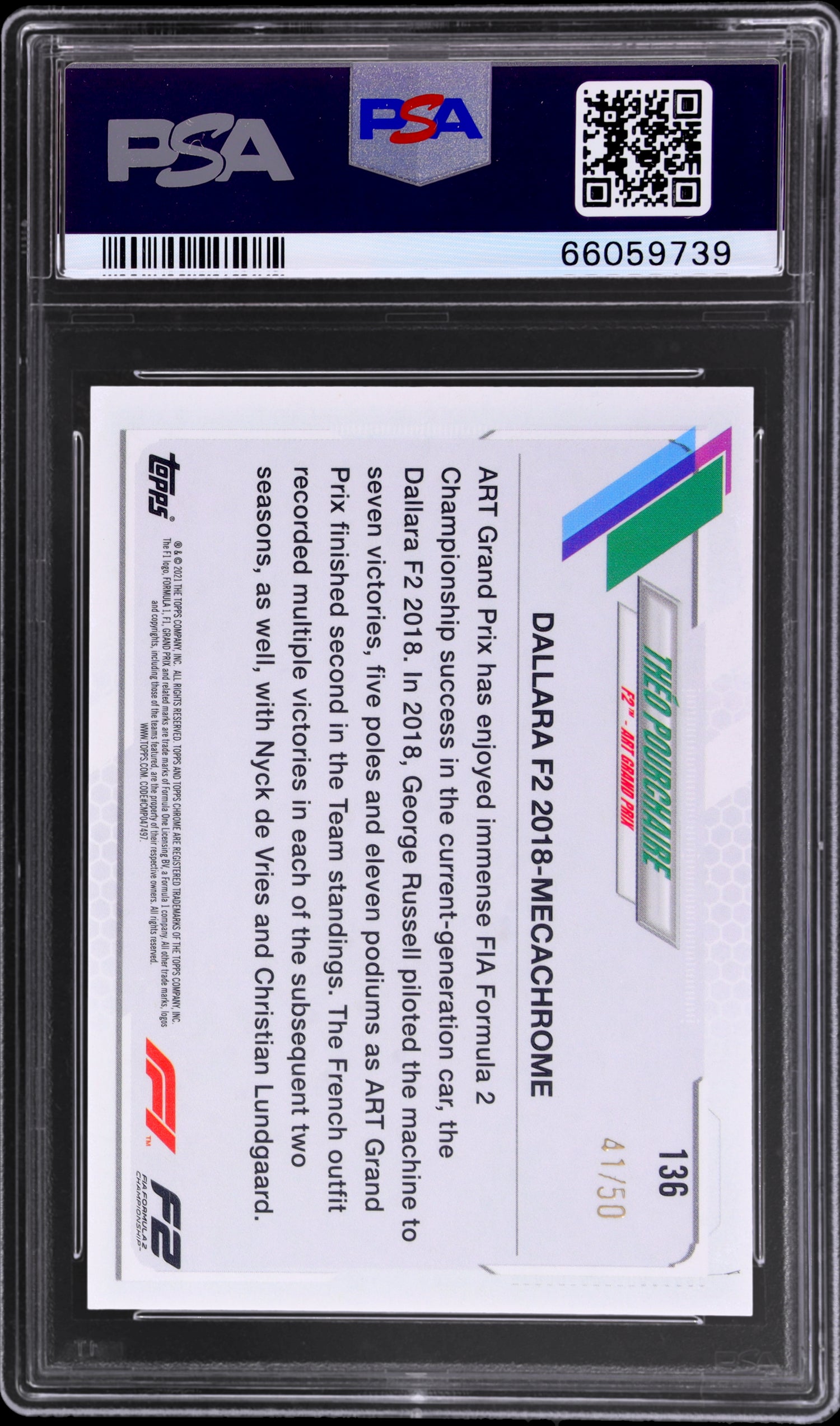 2021 Topps Chrome F1 Gold Checker Theo Pourchaire #136 /50 PSA 9