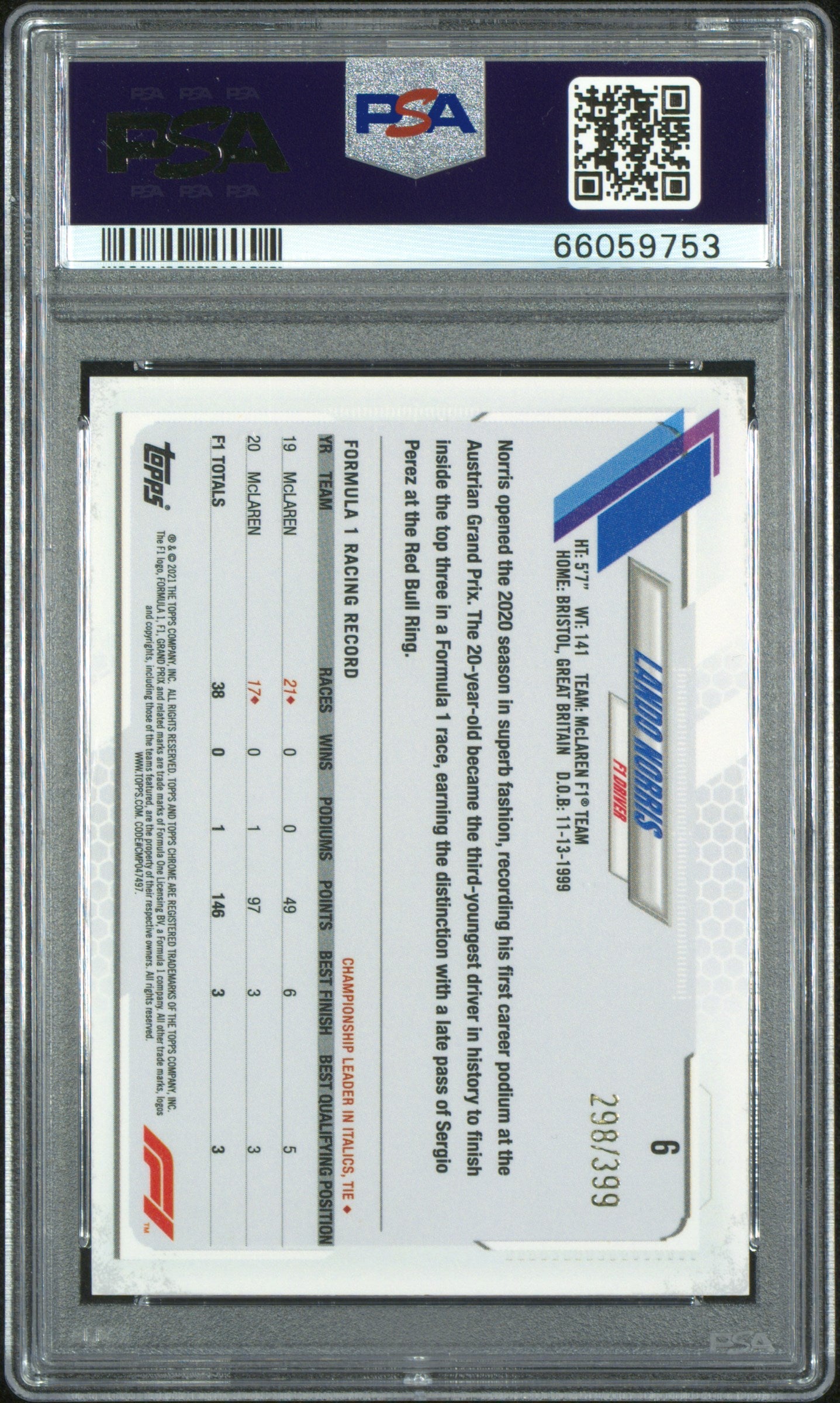 2021 Topps Chrome Formula 1 Purple Refractor Lando Norris #6 /399 PSA 10