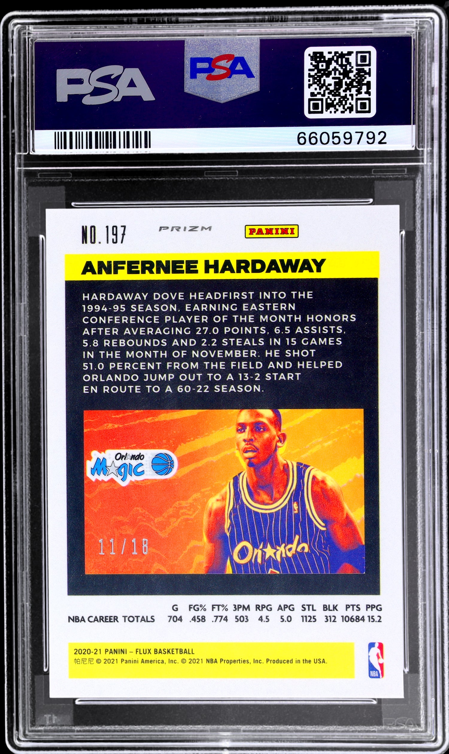 2020 Panini Flux Purple Scope Anfernee Hardaway #197 11/18 PSA 10