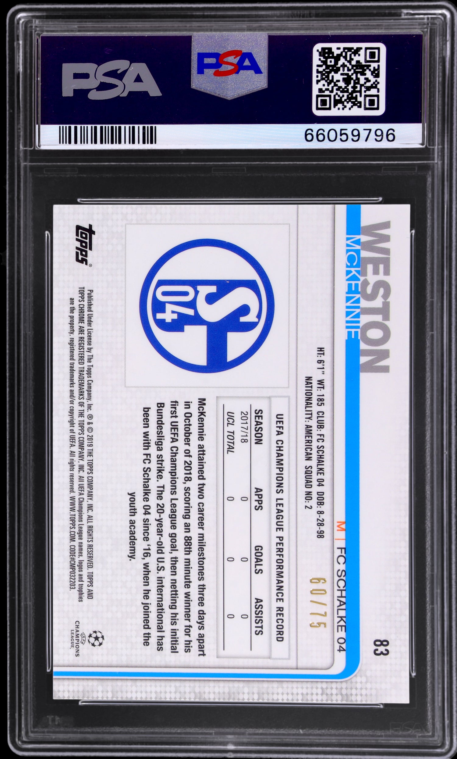 2018 Topps Chrome UCL Blue Wave Weston McKennie #83 /150 PSA 10