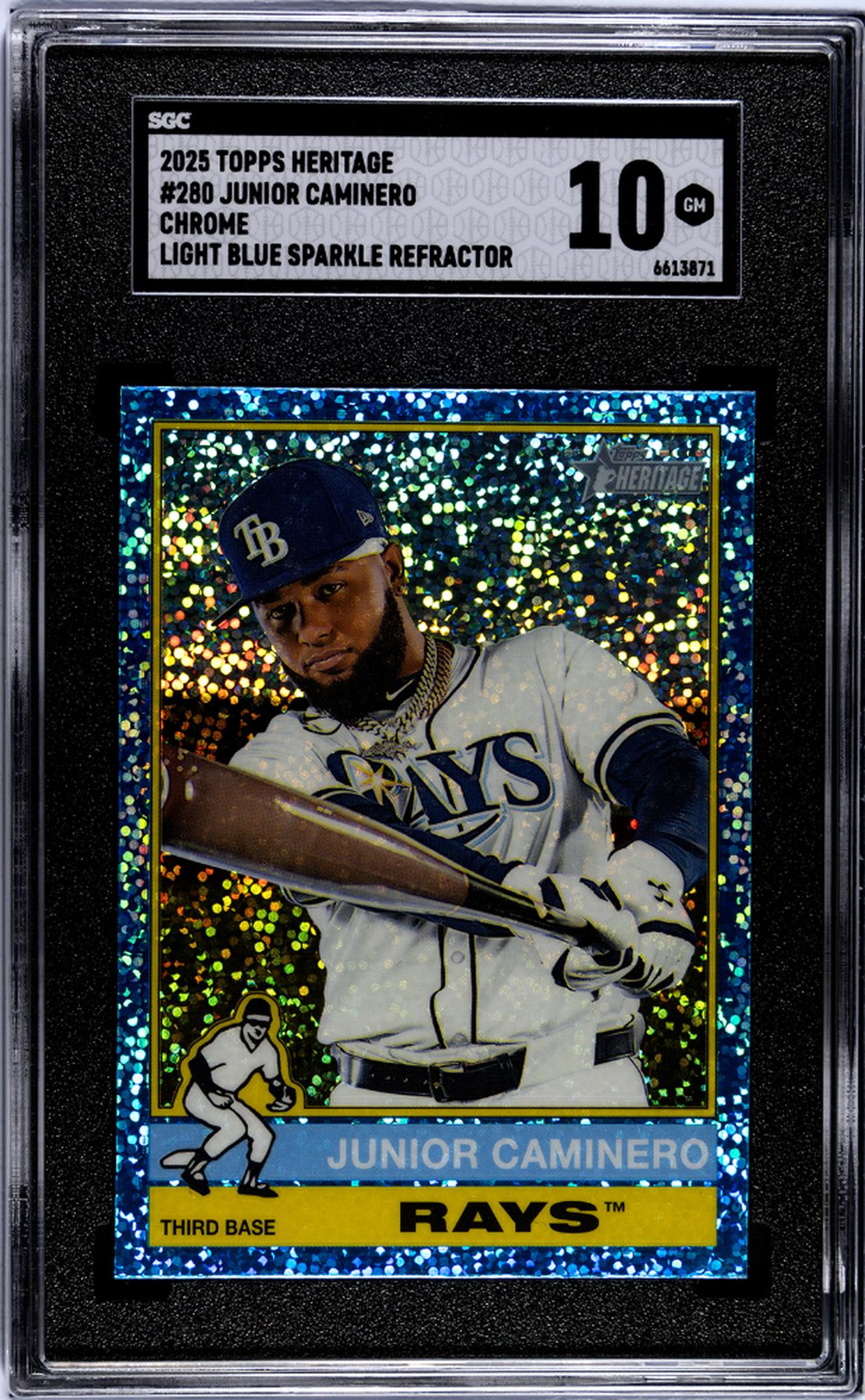 2025 Topps Heritage #280 Junior Caminero Chrome Light Blue Sparkle Refractor SGC 10