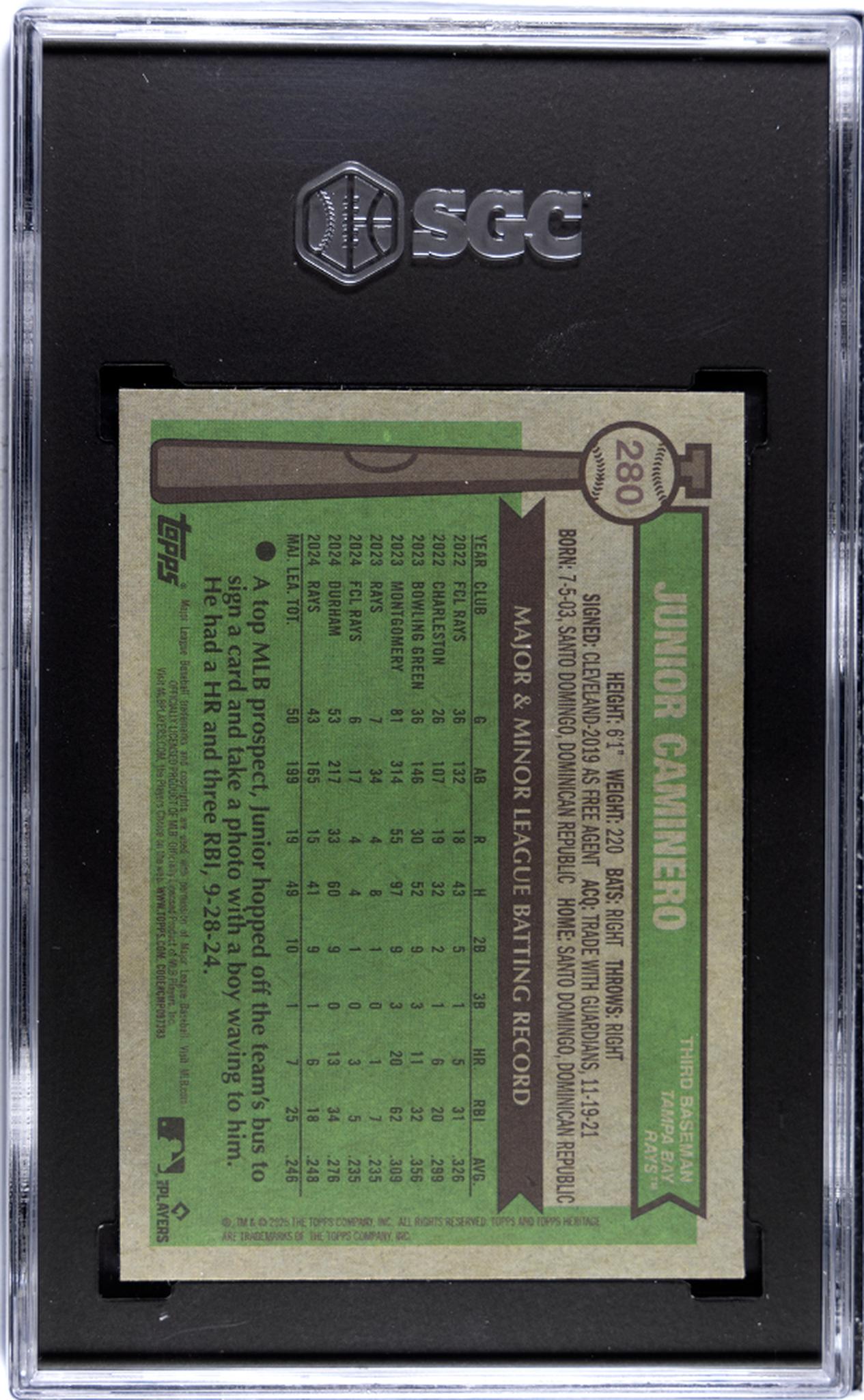 2025 Topps Heritage #280 Junior Caminero Chrome Light Blue Sparkle Refractor SGC 10