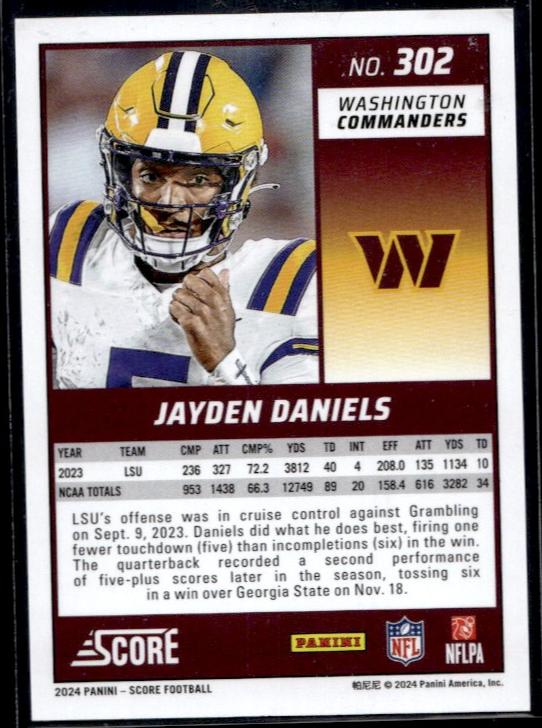 2024 Panini Score #302 Jayden Daniels Rookie /299 Washington Commanders