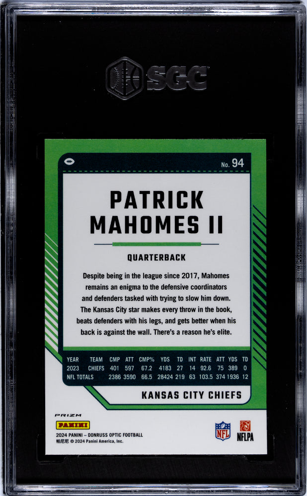 2024 Donruss Optic #94 Patrick Mahomes II Holo Prizm SGC 10