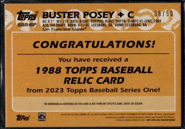 2023 Topps Buster Posey 1988 Topps Baseball /50 Relic