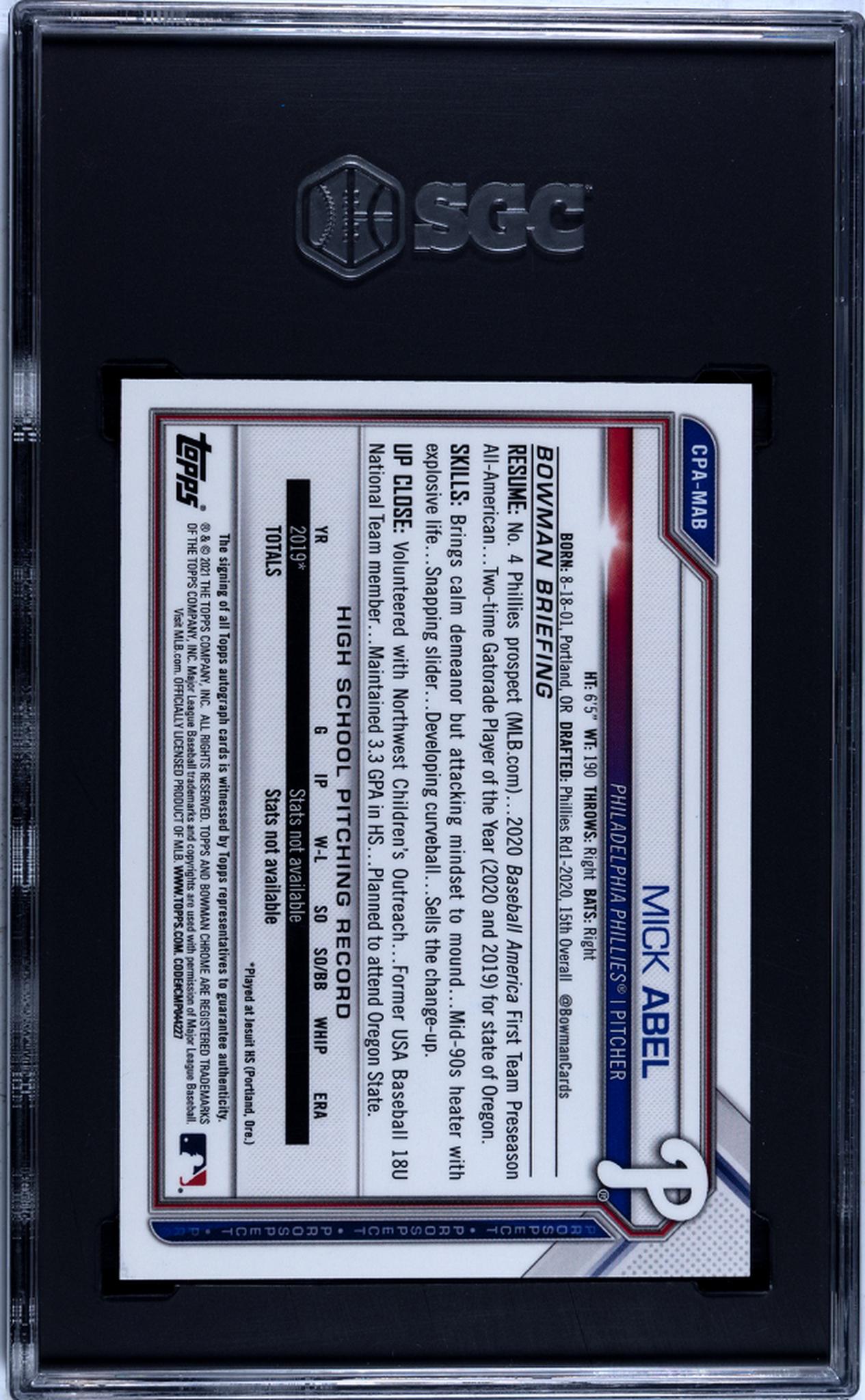 2021 Bowman Chrome Prospects #CPA-MAB Mick Abel Auto. Atomic Ref. /100 SGC 10