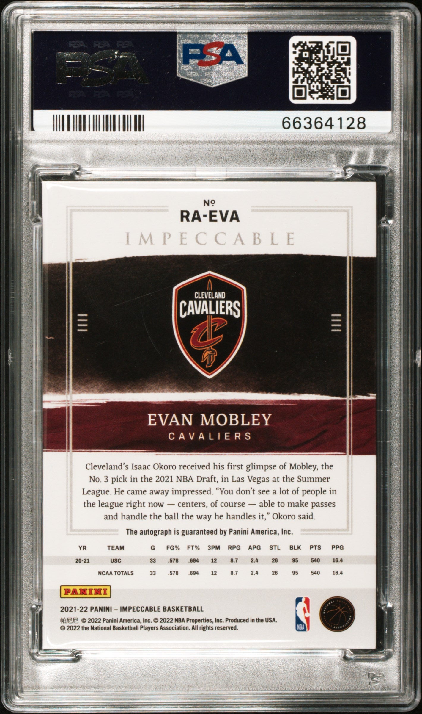 2021 Panini Impeccable Asia Evan Mobley #RA-EVA RC Auto /88 PSA 10 Auto 10