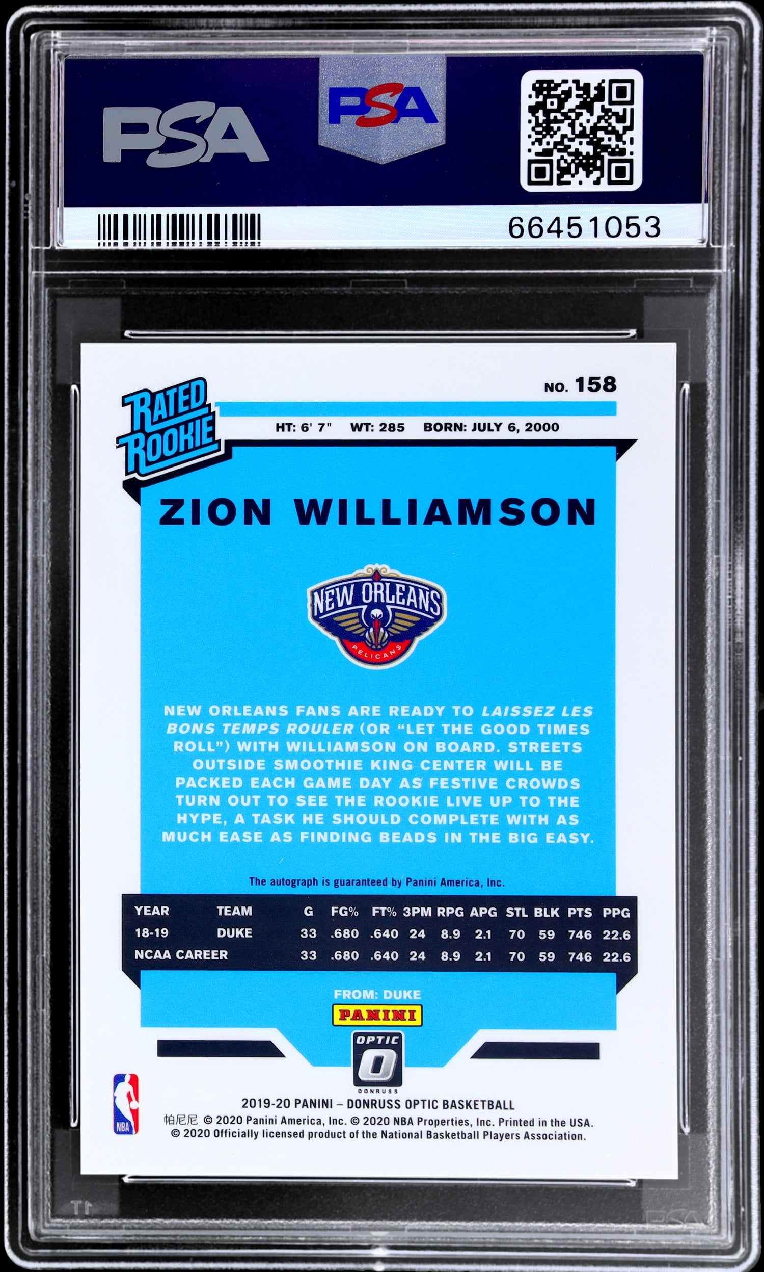 2019 Donruss Optic #158 Zion Williamson Rookie Signatures PSA 9