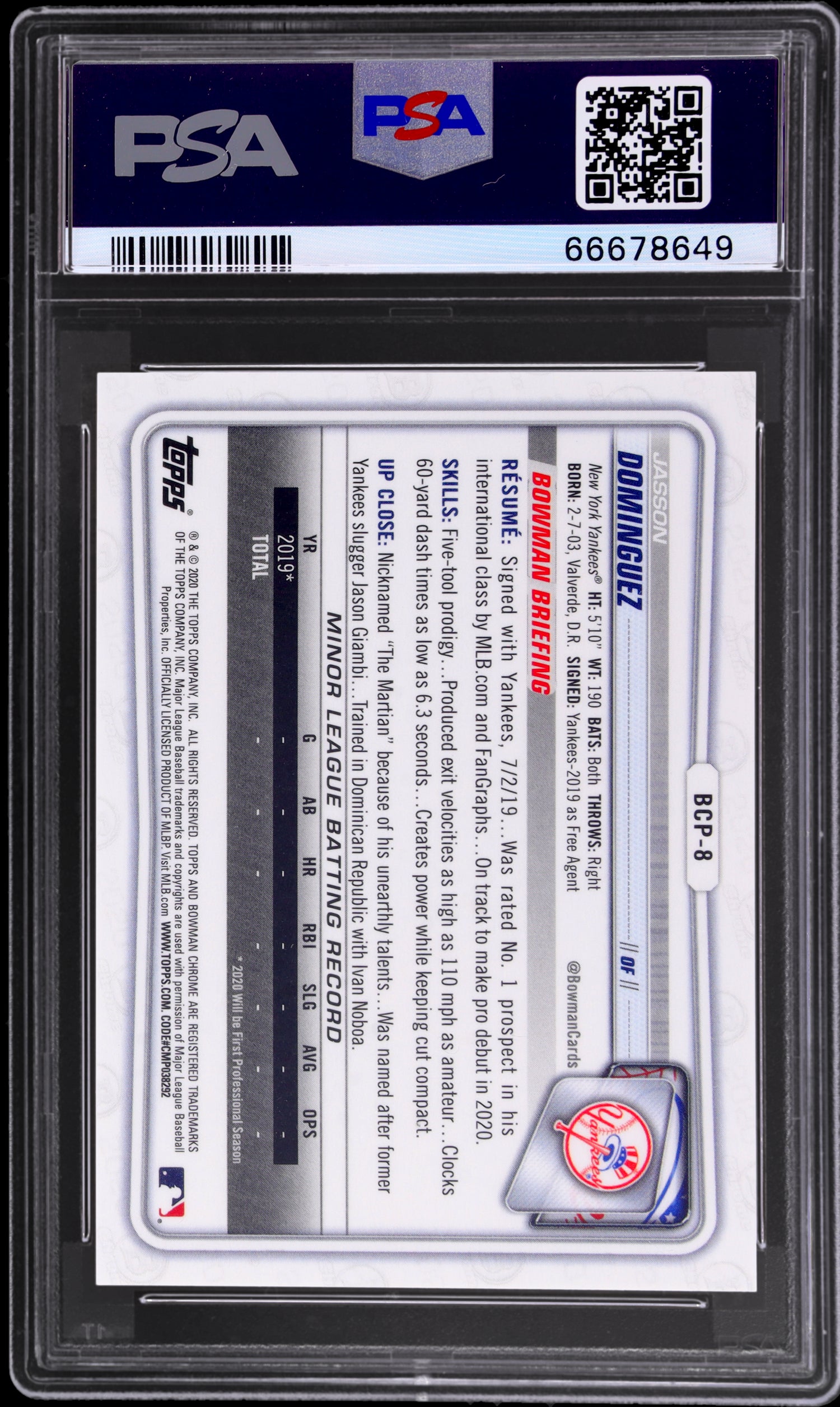 2020 Bowman Chrome Orange Shimmer Jasson Dominguez #BCP8 /25 PSA 10