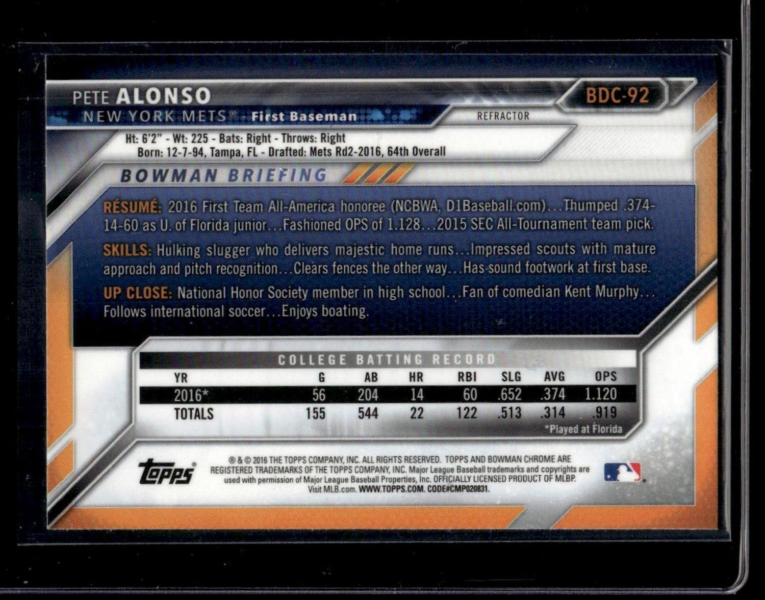 2016 Bowman Draft 1st Chrome Refractor #BDC-92 Pete Alonso